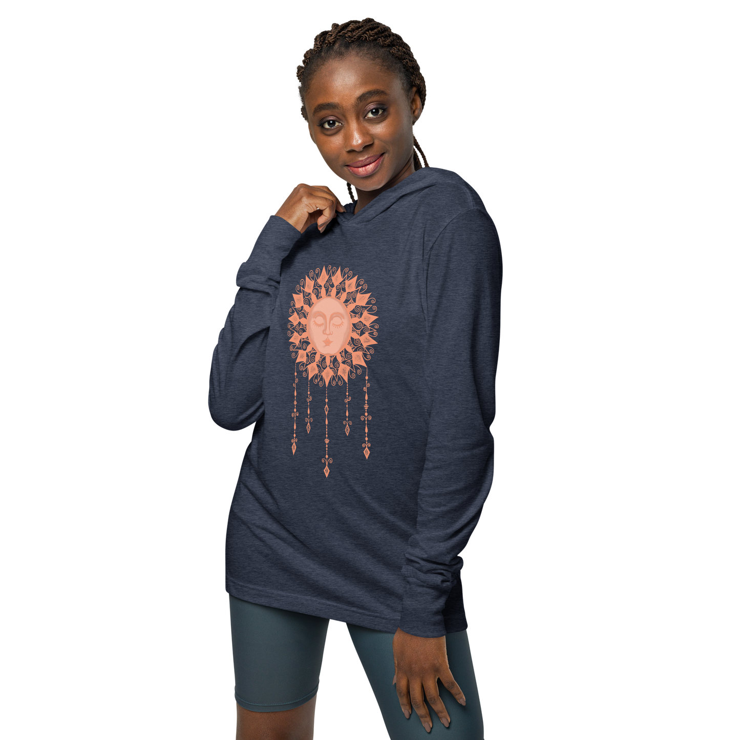 Women's Lightweight Hoodie - Boho Sun Art - Ladies Hooded Thin Long Sleeve Top - Cute Graphic Tee Shirt Pullover w/ Hand Drawn Design