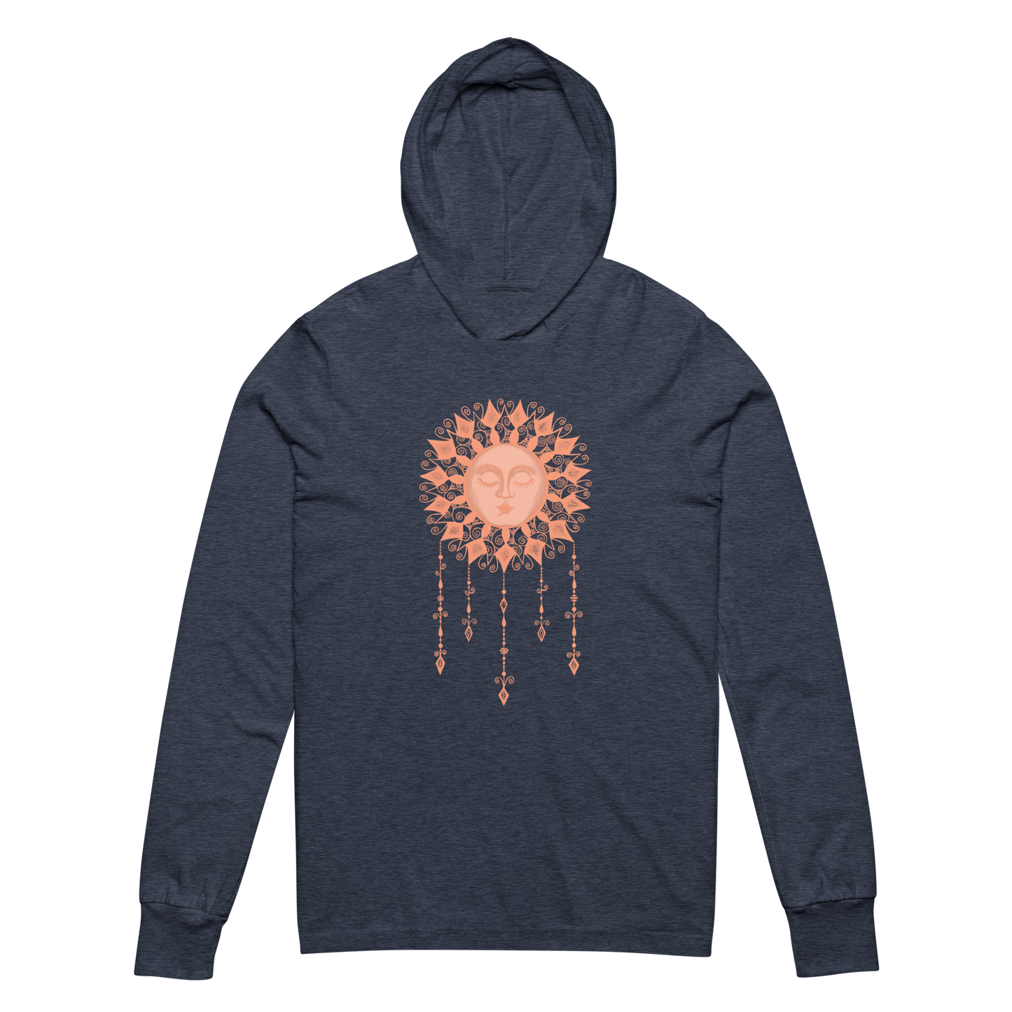 Women's Lightweight Hoodie - Boho Sun Art - Ladies Hooded Thin Long Sleeve Top - Cute Graphic Tee Shirt Pullover w/ Hand Drawn Design