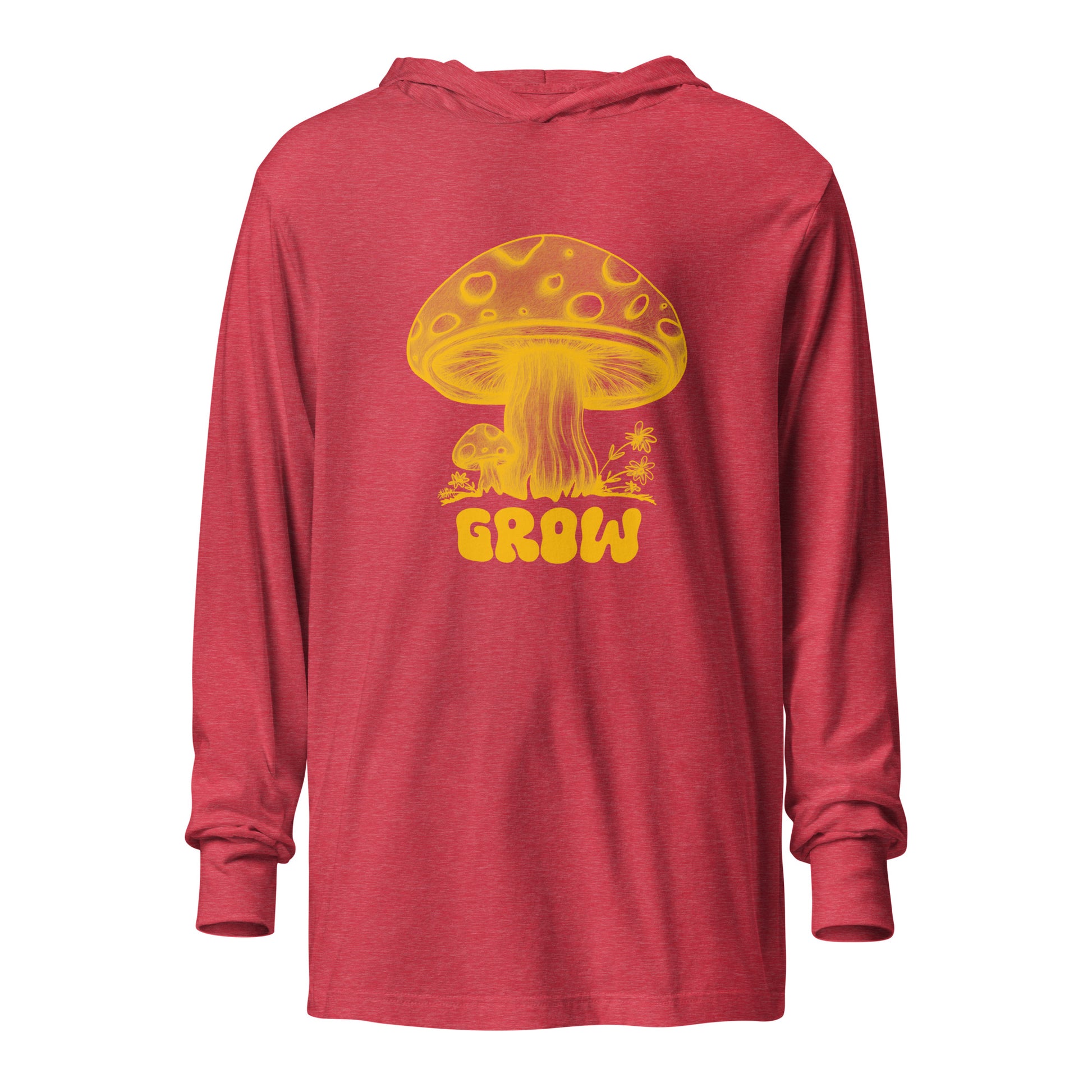 A picture of the front of my lightweight hoodie design for women. The shirt is Heather Red with a yellow print of my hand drawn design of mushrooms accented by the word "GROW". Hippie style artwork shirt with a hood for ladies.