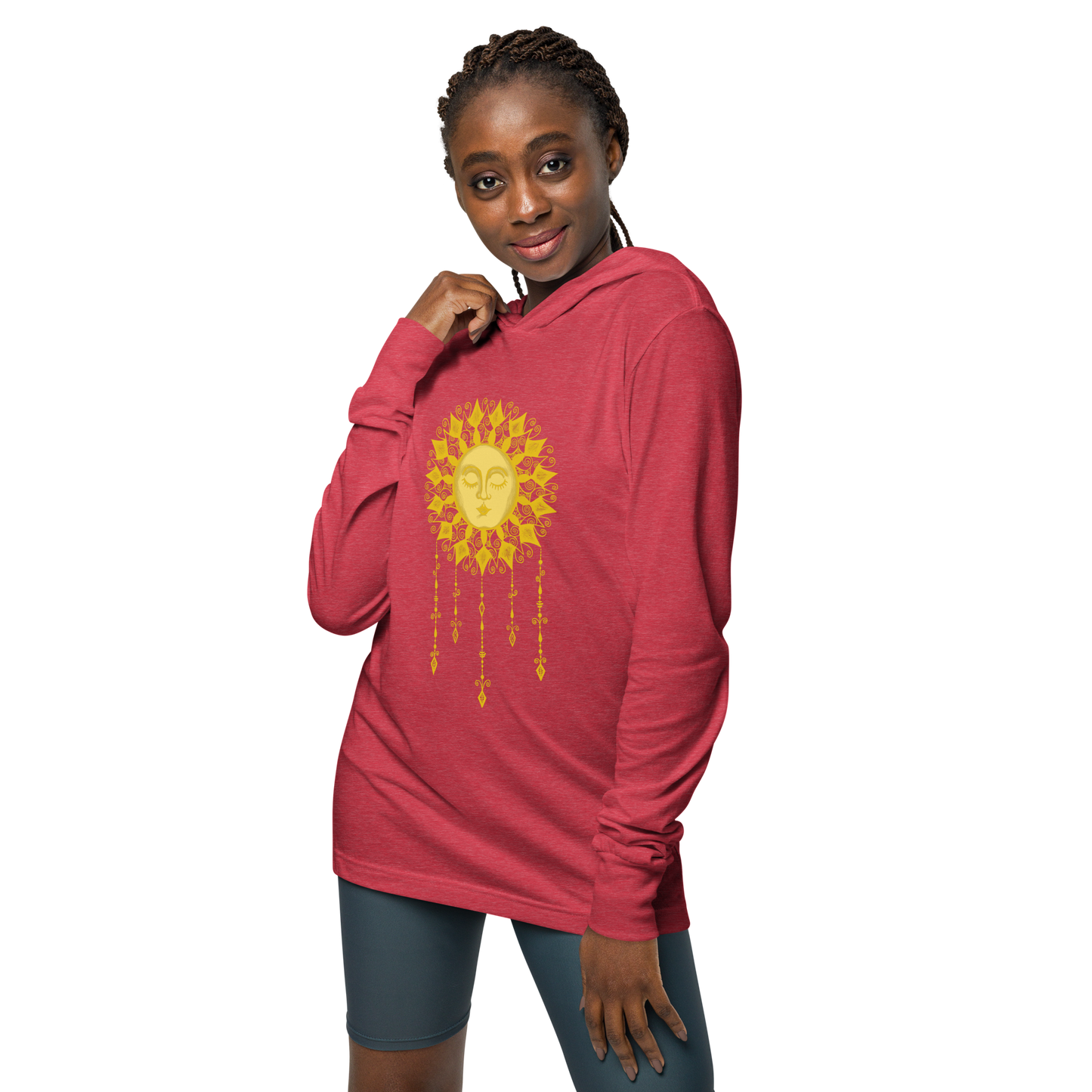 Women's Lightweight Hoodie - Boho Sun Art - Ladies Hooded Thin Long Sleeve Top - Cute Graphic Tee Shirt Pullover w/ Hand Drawn Design