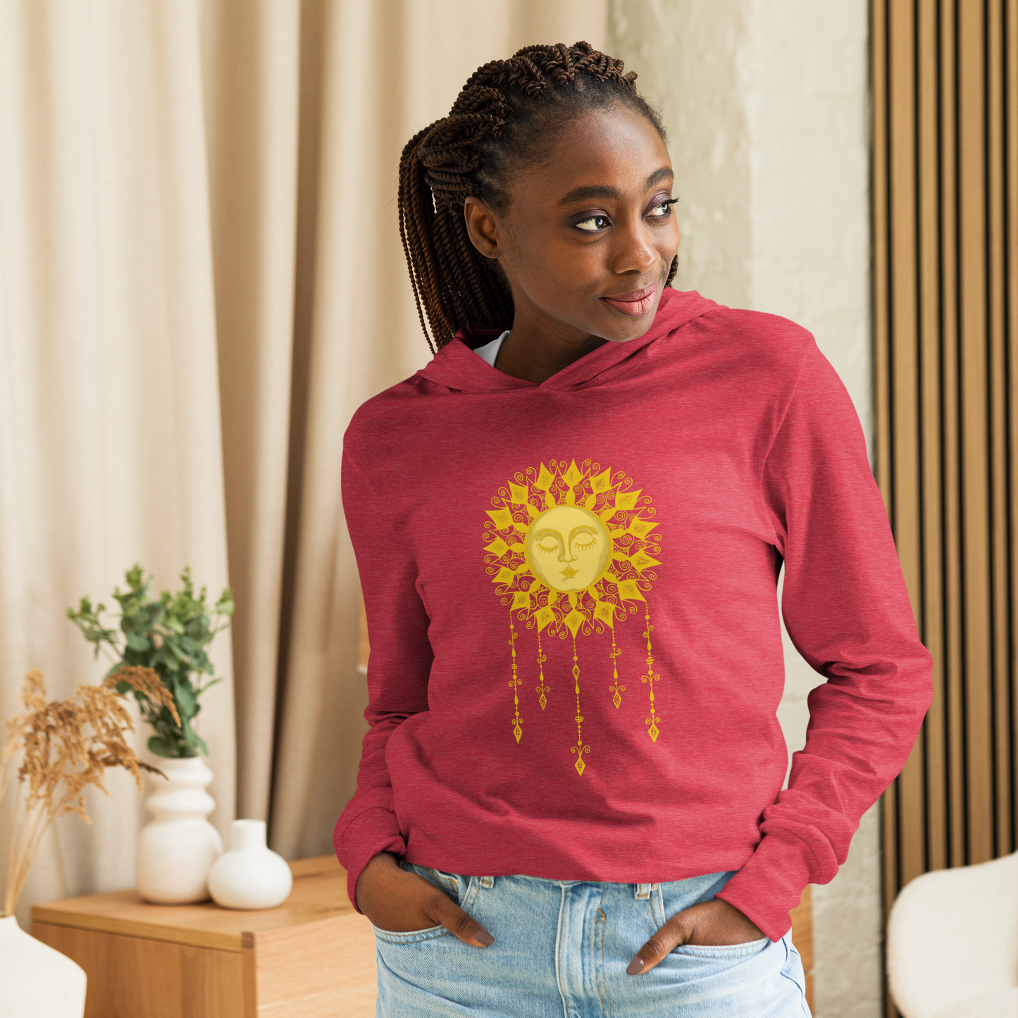 Women's Lightweight Hoodie - Boho Sun Art - Ladies Hooded Thin Long Sleeve Top - Cute Graphic Tee Shirt Pullover w/ Hand Drawn Design