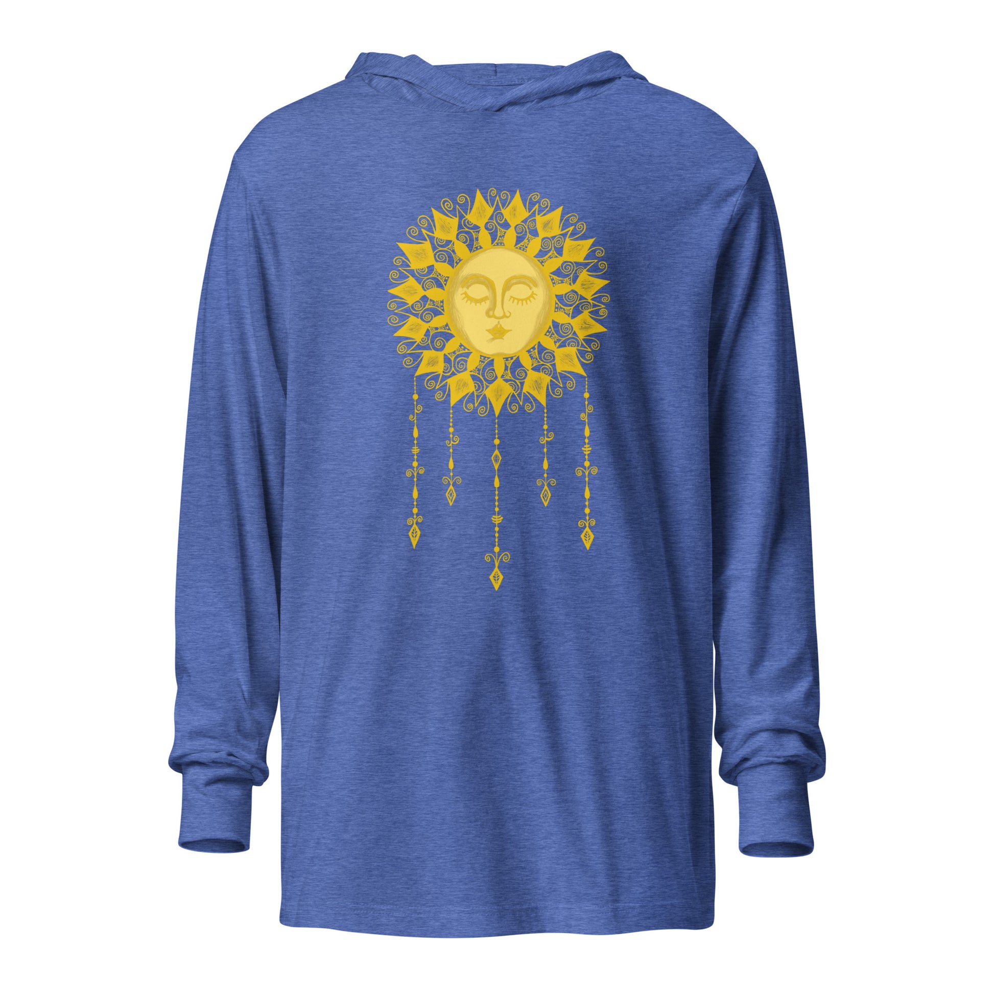 A photo of my boho sun art design on a royal blue shirt. The shirt is thin, comfortable, and long sleeved. The sun is printed in yellow. Many colors are available.