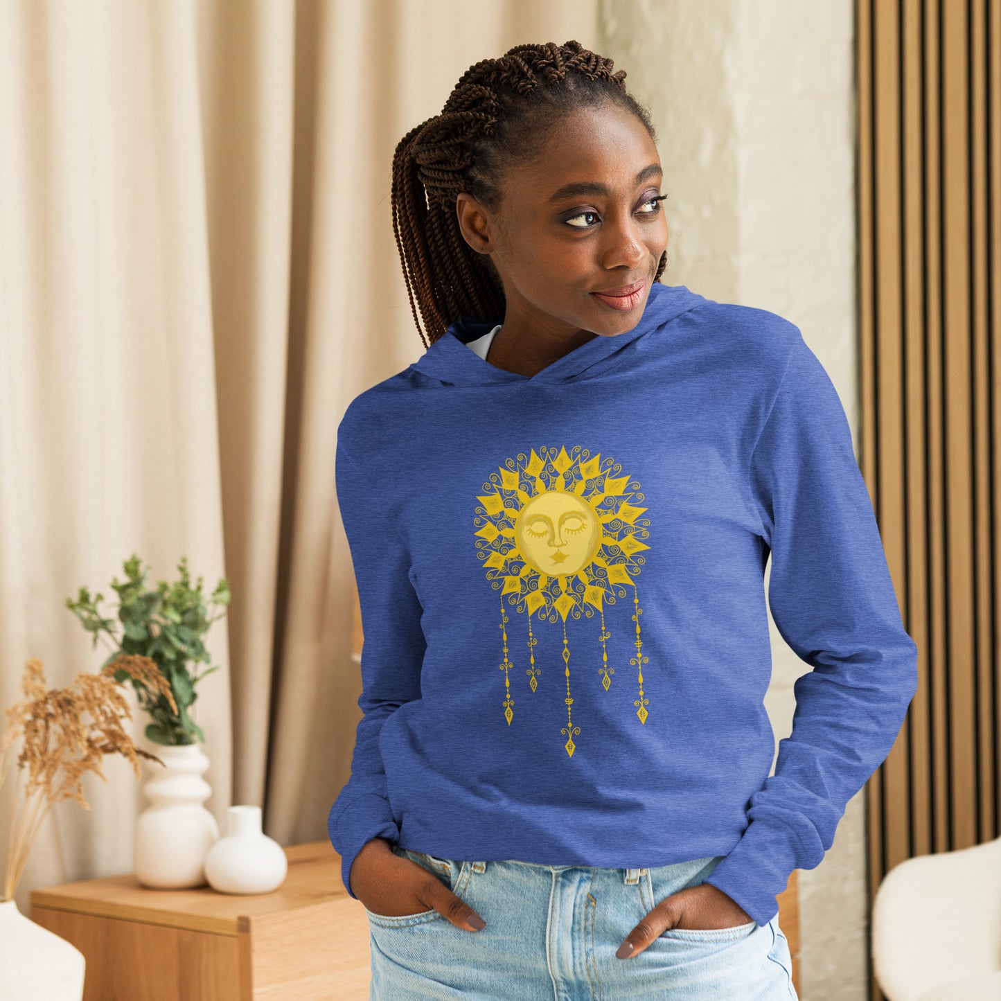 Women's Lightweight Hoodie - Boho Sun Art - Ladies Hooded Thin Long Sleeve Top - Cute Graphic Tee Shirt Pullover w/ Hand Drawn Design