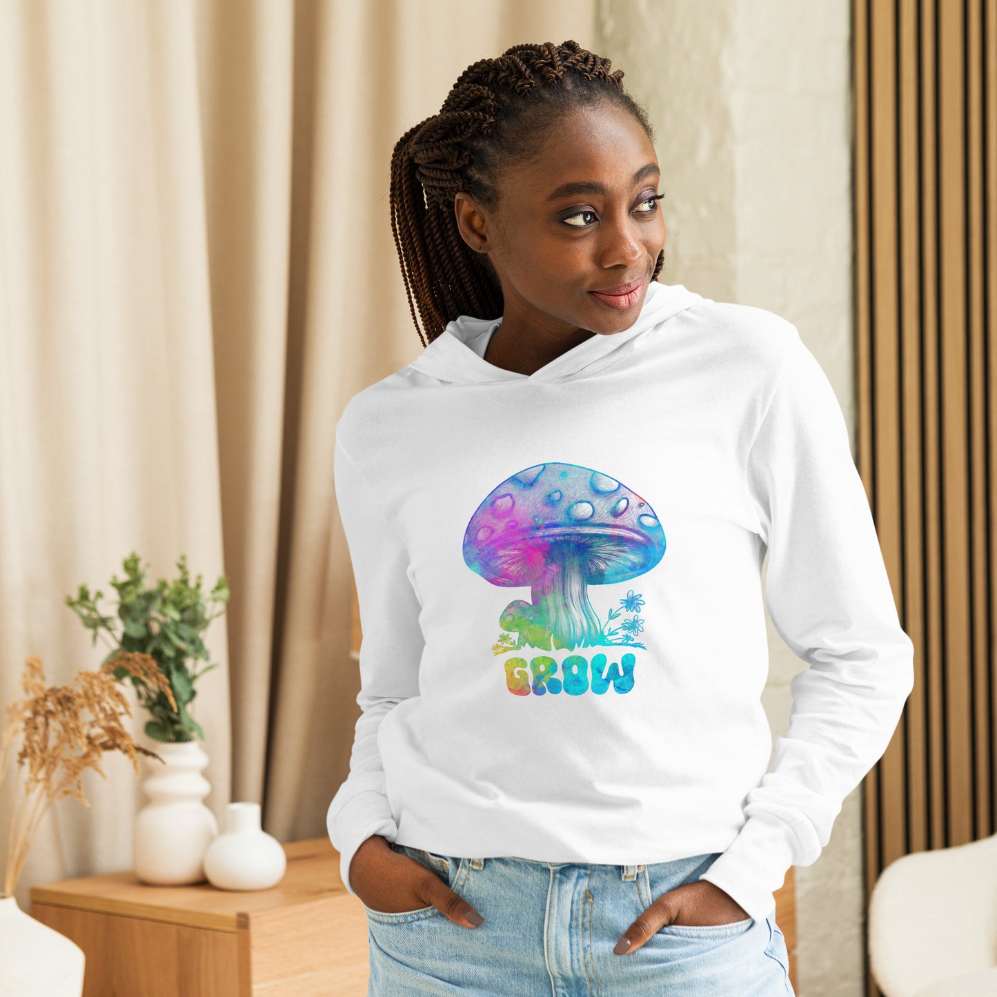 Women's Lightweight Thin Hoodie for Summer-Hand Drawn Design-Ladies Mushroom Apparel