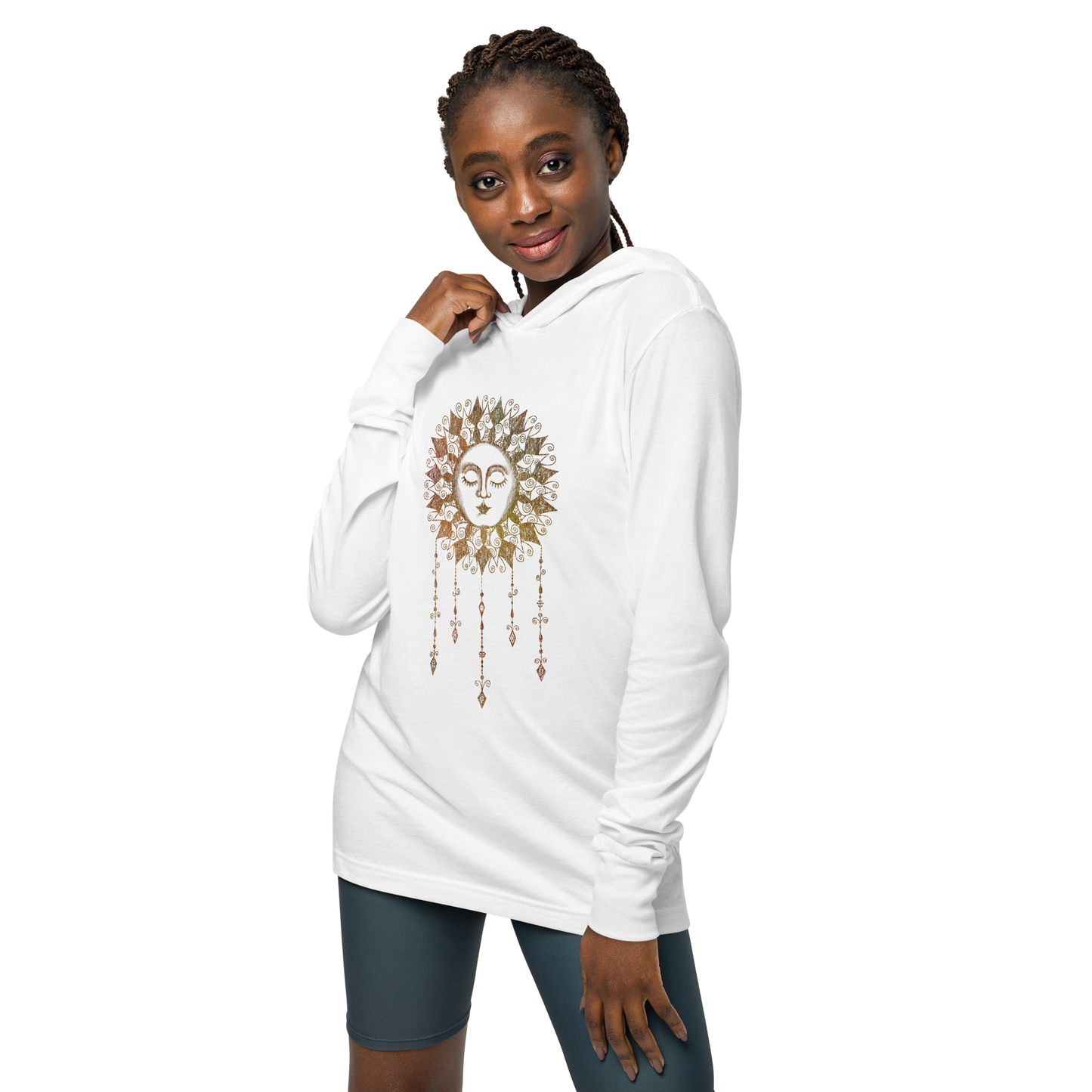 Women's Lightweight Hoodie - Boho Sun Art - Ladies Hooded Thin Long Sleeve Top - Cute Graphic Tee Shirt Pullover w/ Hand Drawn Design