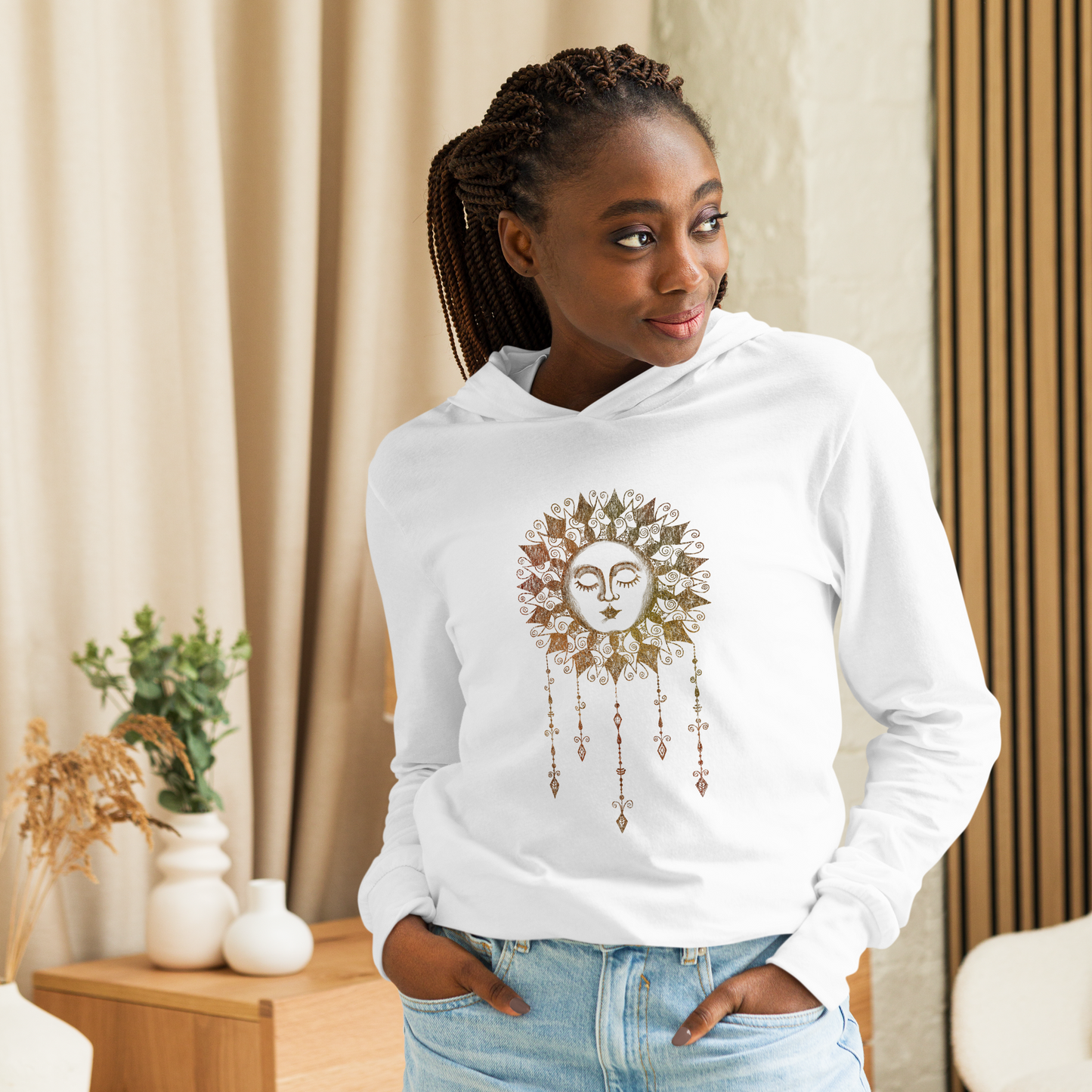 Women's Lightweight Hoodie - Boho Sun Art - Ladies Hooded Thin Long Sleeve Top - Cute Graphic Tee Shirt Pullover w/ Hand Drawn Design