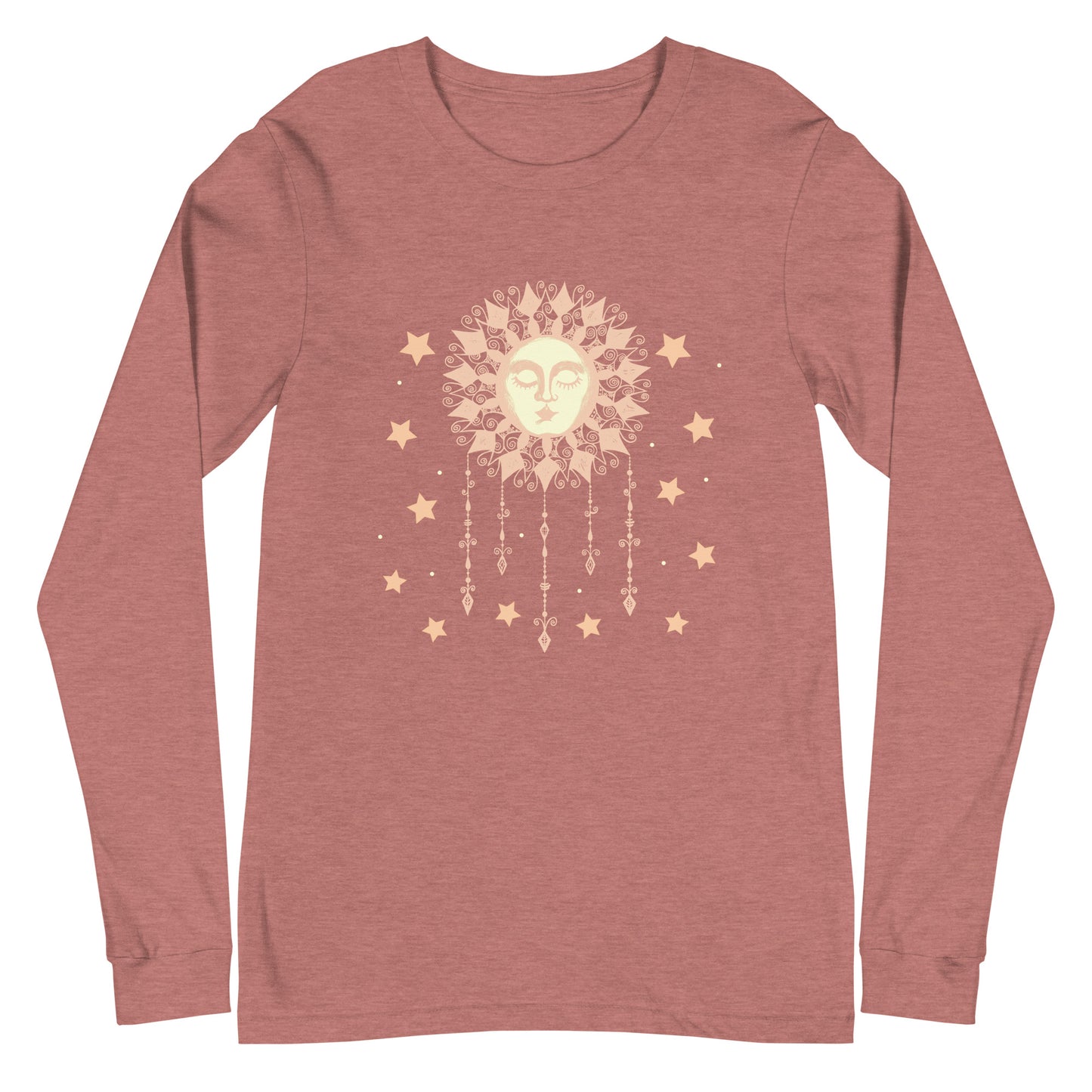 Womens Long Sleeve Graphic Tee, Ladies Boho Sun w/ Face & Stars Cute Crew Neck T Shirt, Original Illustration Hand Drawn Art  Celestial Astrology Gift for Her