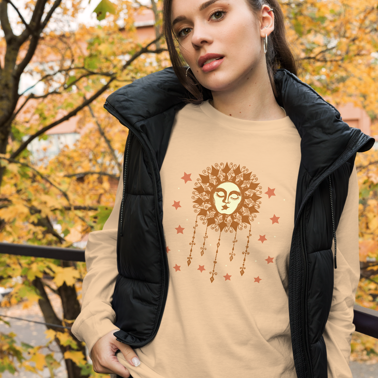 Womens Long Sleeve Graphic Tee, Ladies Boho Sun w/ Face & Stars Cute Crew Neck T Shirt, Original Illustration Hand Drawn Art  Celestial Astrology Gift for Her