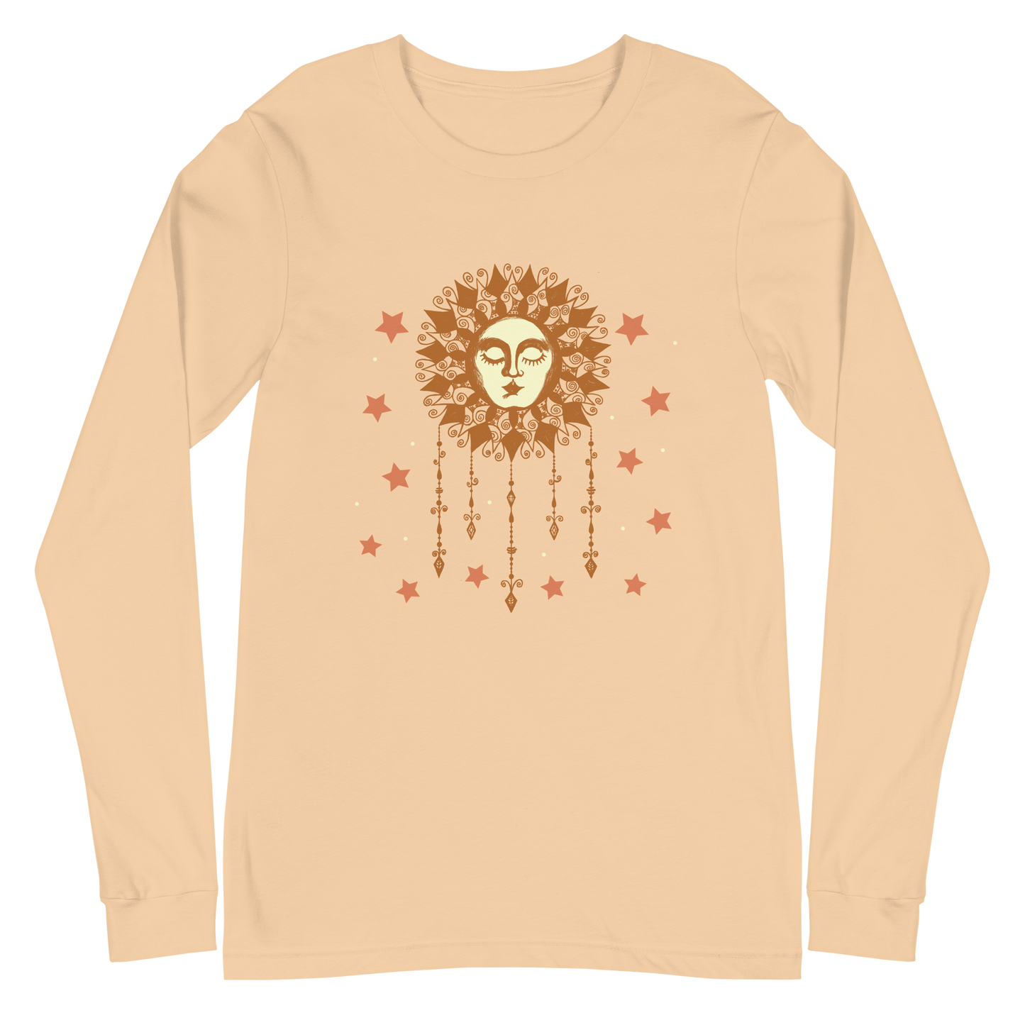 Womens Long Sleeve Graphic Tee, Ladies Boho Sun w/ Face & Stars Cute Crew Neck T Shirt, Original Illustration Hand Drawn Art  Celestial Astrology Gift for Her