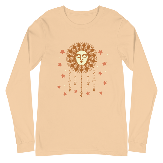 Womens Long Sleeve Graphic Tee, Ladies Boho Sun w/ Face & Stars Cute Crew Neck T Shirt, Original Illustration Hand Drawn Art  Celestial Astrology Gift for Her