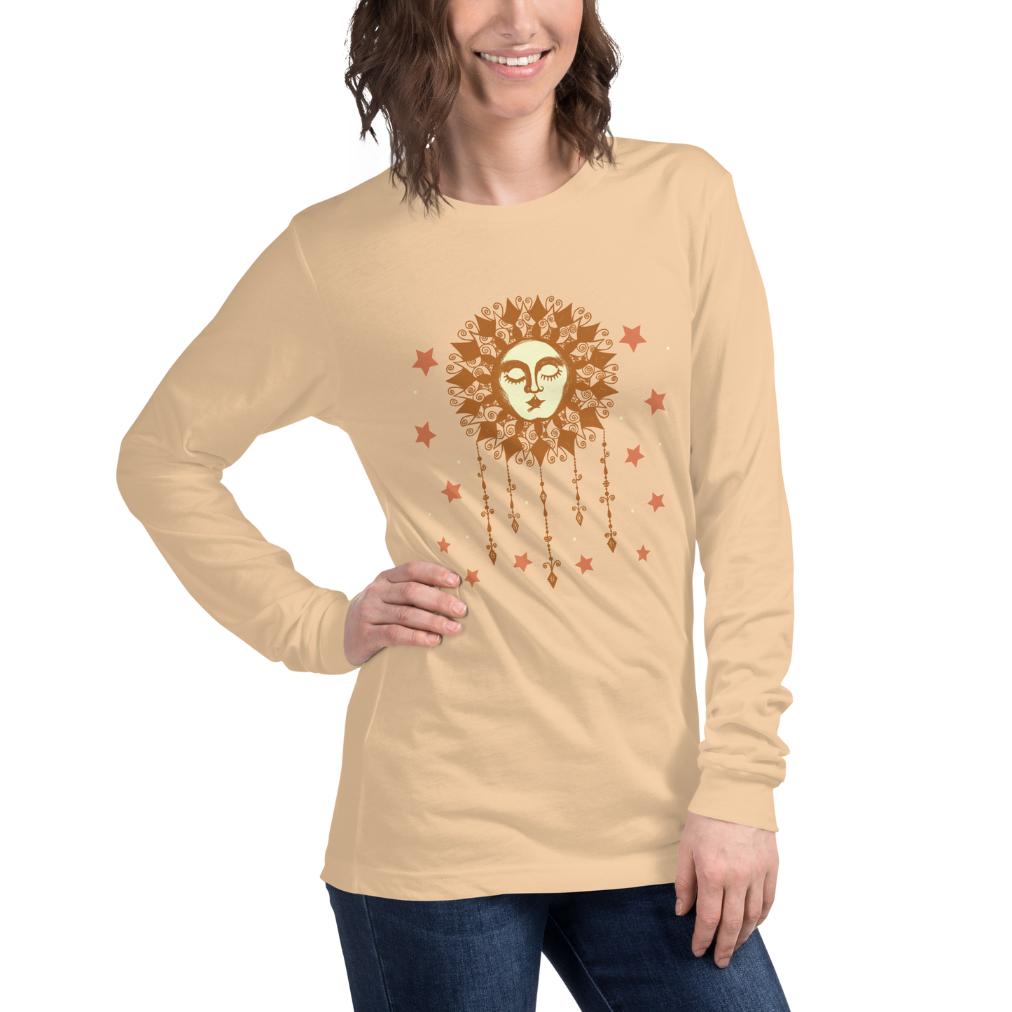 Womens Long Sleeve Graphic Tee, Ladies Boho Sun w/ Face & Stars Cute Crew Neck T Shirt, Original Illustration Hand Drawn Art  Celestial Astrology Gift for Her