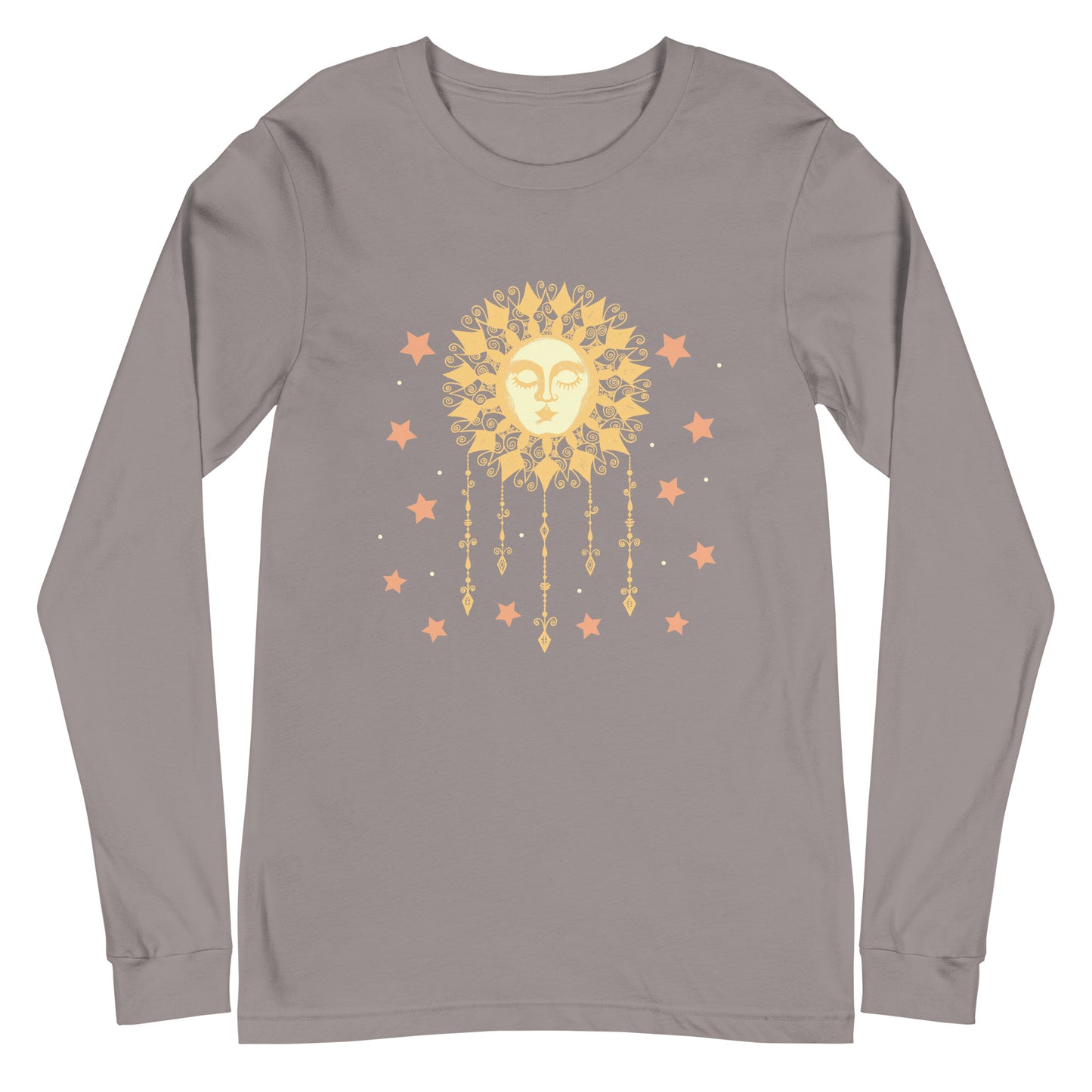 Womens Long Sleeve Graphic Tee, Ladies Boho Sun w/ Face & Stars Cute Crew Neck T Shirt, Original Illustration Hand Drawn Art  Celestial Astrology Gift for Her