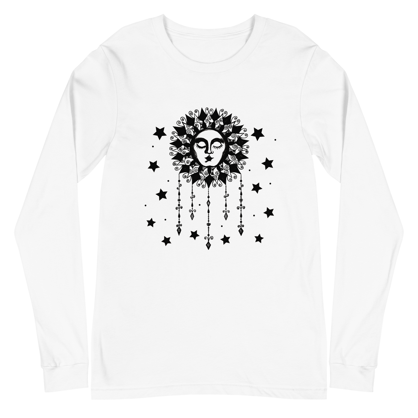 Womens Long Sleeve Graphic Tee, Ladies Boho Sun w/ Face & Stars Cute Crew Neck T Shirt, Original Illustration Hand Drawn Art  Celestial Astrology Gift for Her