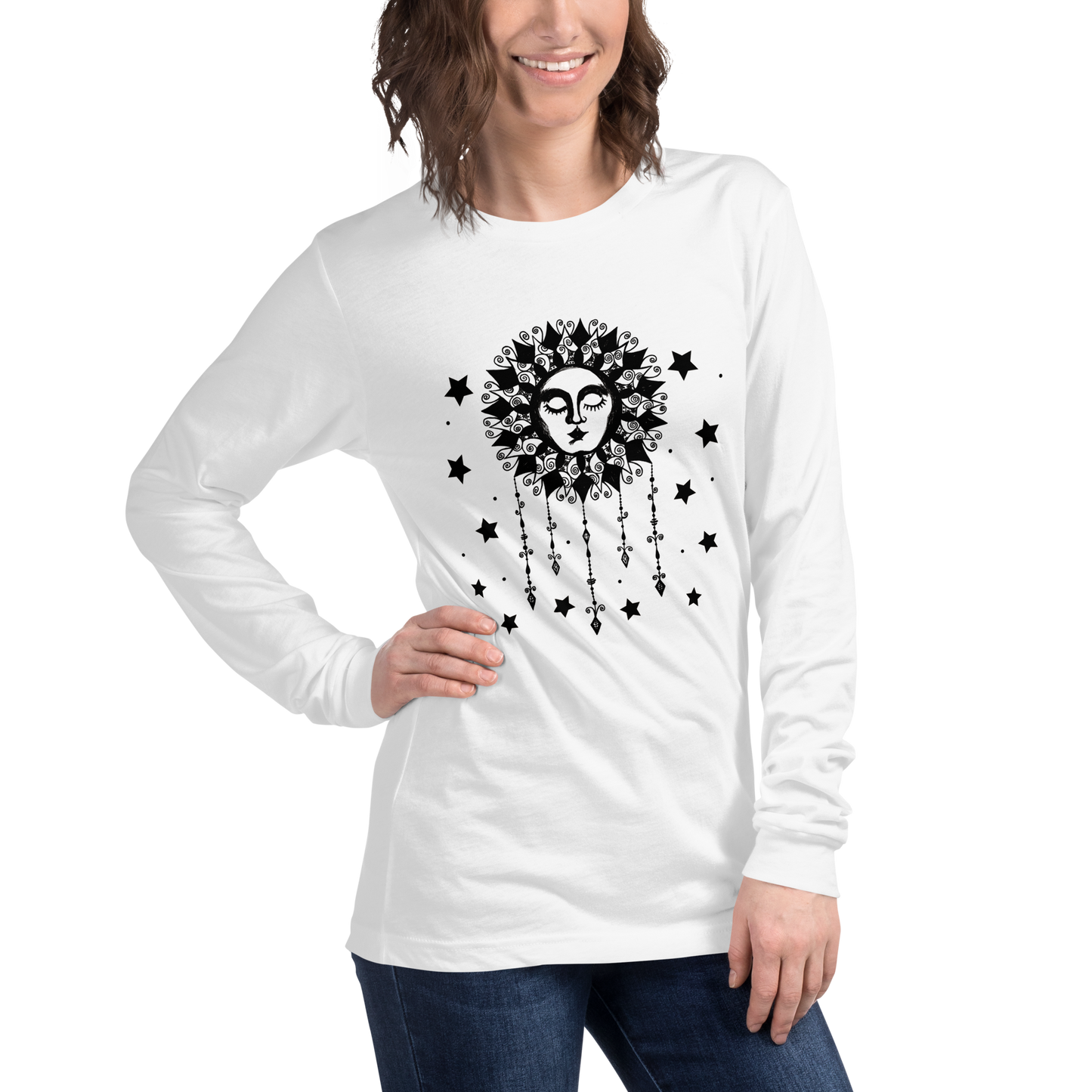 Womens Long Sleeve Graphic Tee, Ladies Boho Sun w/ Face & Stars Cute Crew Neck T Shirt, Original Illustration Hand Drawn Art  Celestial Astrology Gift for Her