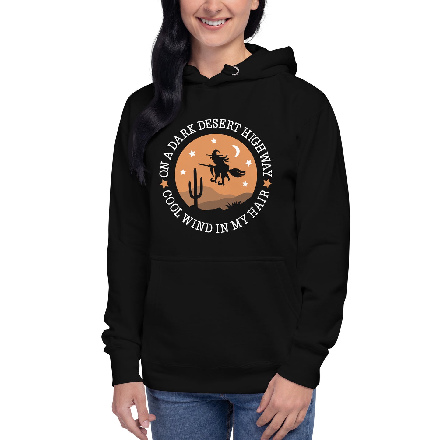 Halloween Hoodie for Women, On A Dark Desert Highway Cool Wind in My Hair Ladies Hooded Sweatshirt, Flying Witch Over the Desert Long Sleeve Top Design Unisex Fit