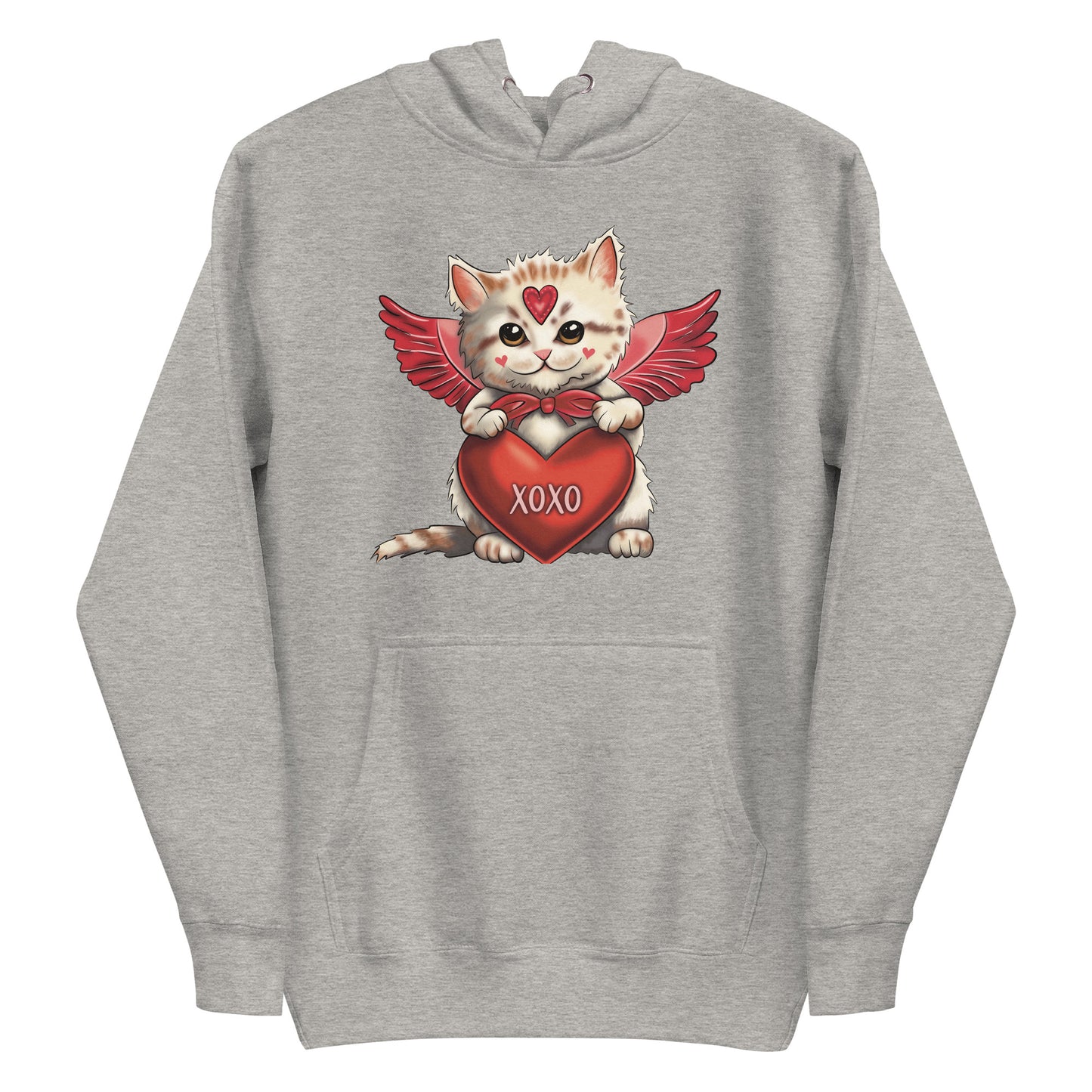 Women's Valentine's Day Hoodie, Cupid Kitten Premium Hooded Sweatshirt - Cute Cat Graphic Hoodie for Ladies - XOXO Red Heart Long Sleeve Shirt