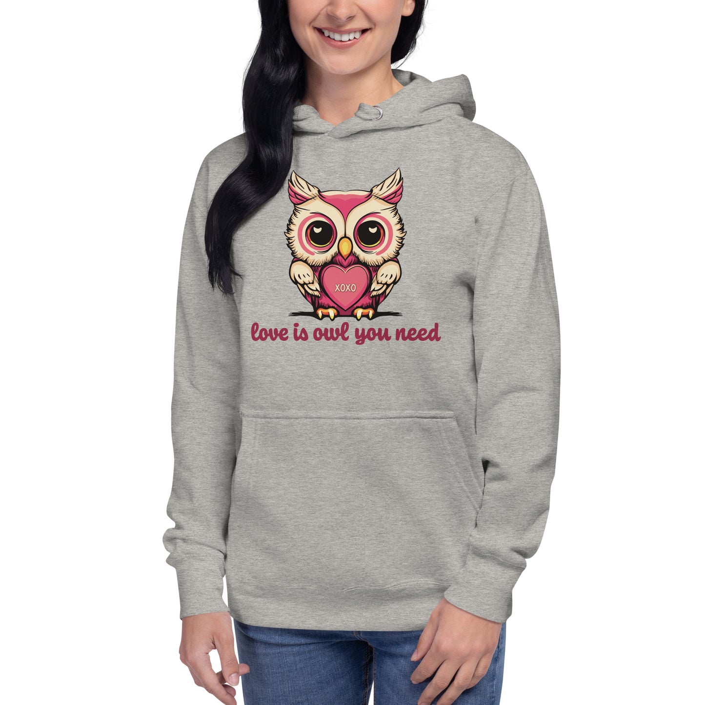 Women's Valentine's Day Hoodie, Love is Owl You Need Cute Owl Graphic Premium Hooded Sweatshirt for Ladies