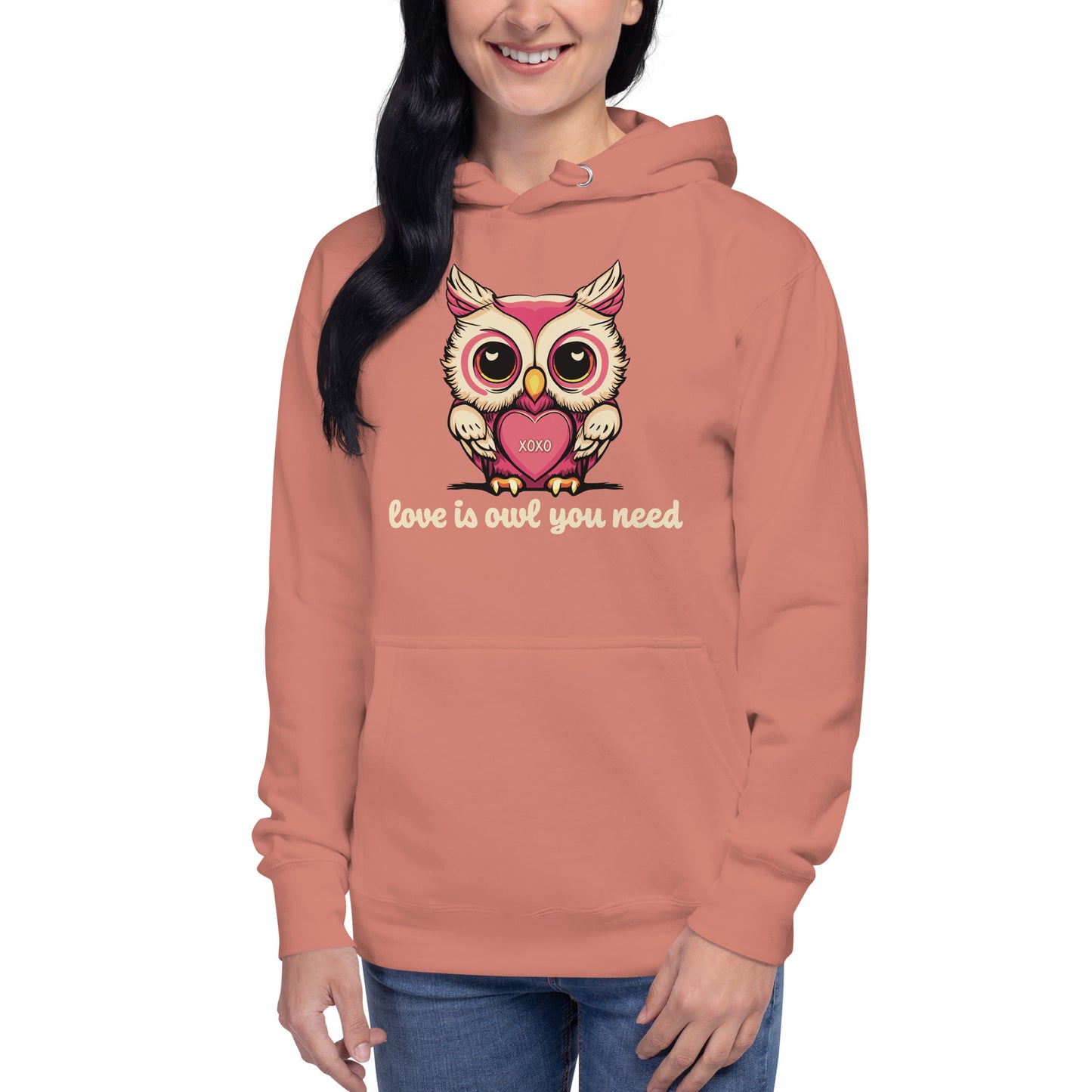 Women's Valentine's Day Hoodie, Love is Owl You Need Cute Owl Graphic Premium Hooded Sweatshirt for Ladies