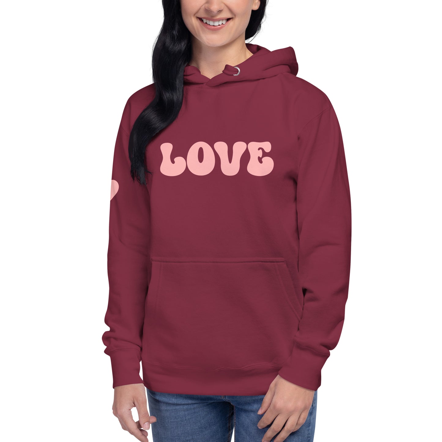 Women's Premium Hoodie - Valentine's Day LOVE - Heart On Sleeve Design - Ladies Long Sleeve Hooded Sweatshirt