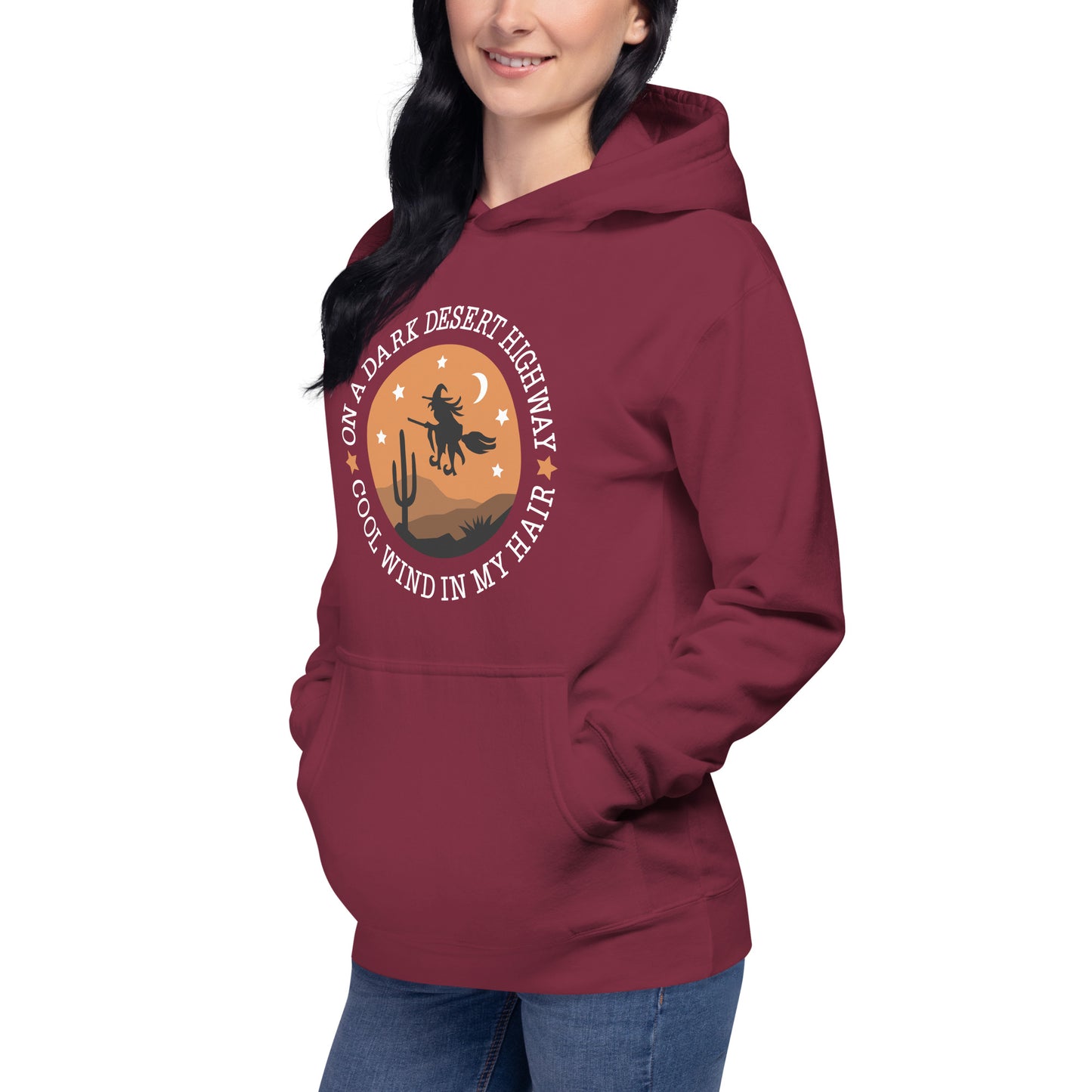 Halloween Hoodie for Women, On A Dark Desert Highway Cool Wind in My Hair Ladies Hooded Sweatshirt, Flying Witch Over the Desert Long Sleeve Top Design Unisex Fit