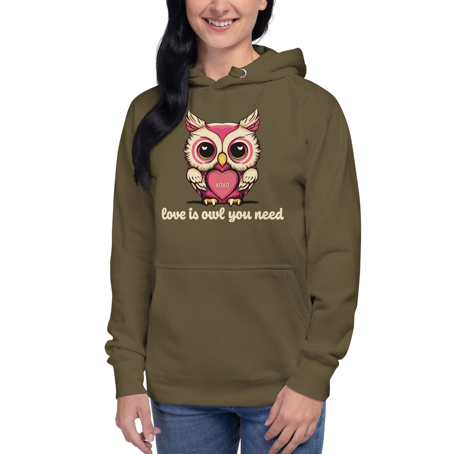 Women's Valentine's Day Hoodie, Love is Owl You Need Cute Owl Graphic Premium Hooded Sweatshirt for Ladies