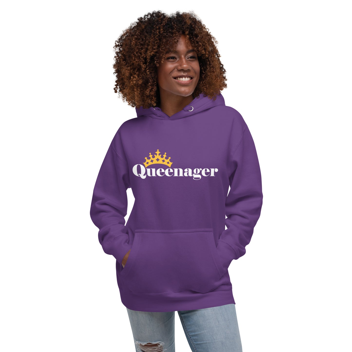 Women's Hoodie - Queenager Funny Hooded Sweatshirt - Queen Crown Graphic Long Sleeved Shirt - Humorous Hoody Design for Ladies