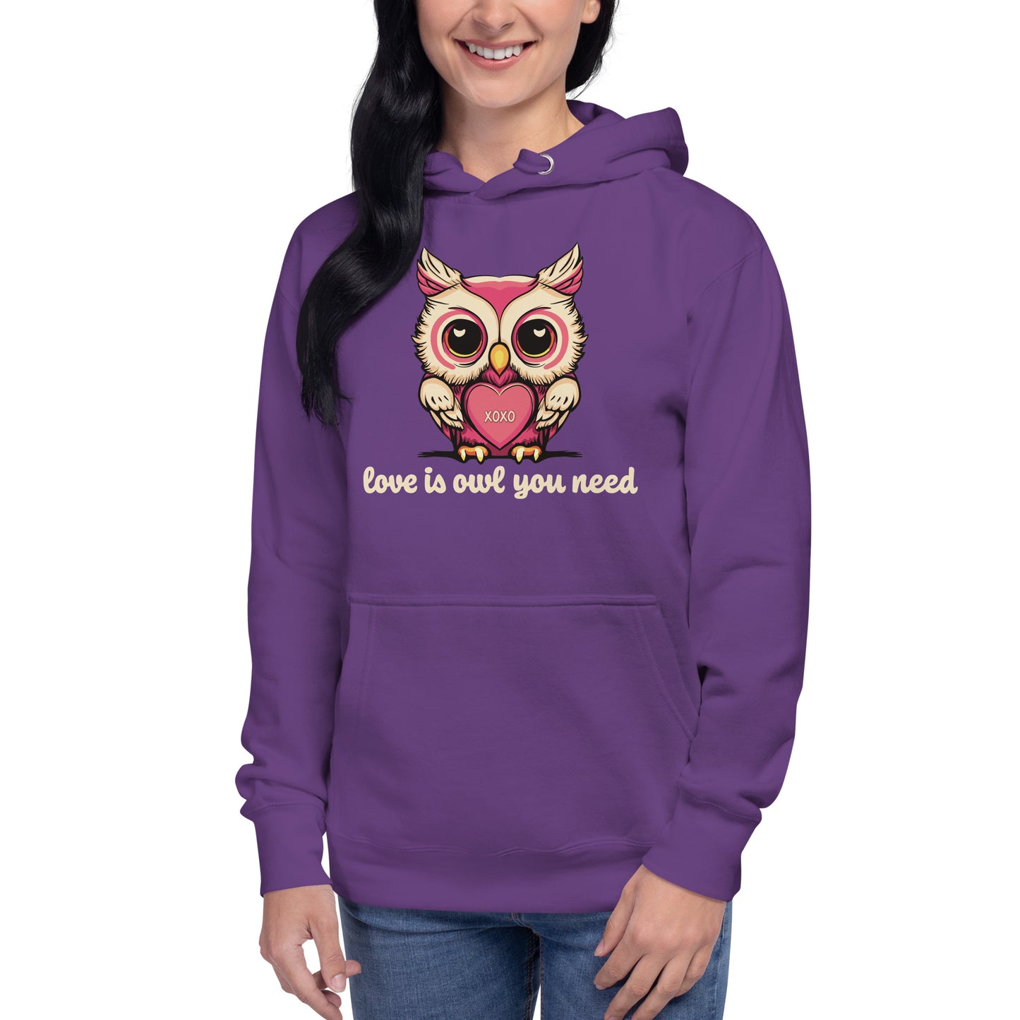 Women's Valentine's Day Hoodie, Love is Owl You Need Cute Owl Graphic Premium Hooded Sweatshirt for Ladies