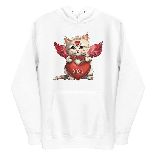 Women's Valentine's Day Hoodie, Cupid Kitten Premium Hooded Sweatshirt - Cute Cat Graphic Hoodie for Ladies - XOXO Red Heart Long Sleeve Shirt