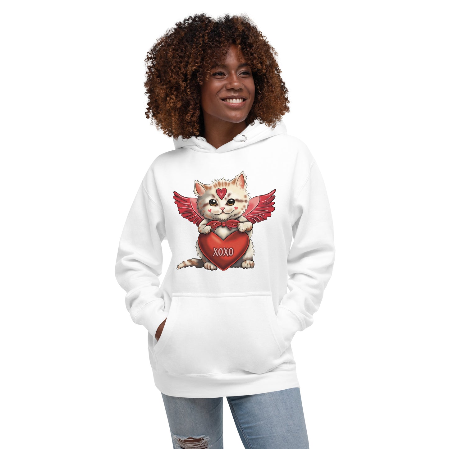 Women's Valentine's Day Hoodie, Cupid Kitten Premium Hooded Sweatshirt - Cute Cat Graphic Hoodie for Ladies - XOXO Red Heart Long Sleeve Shirt