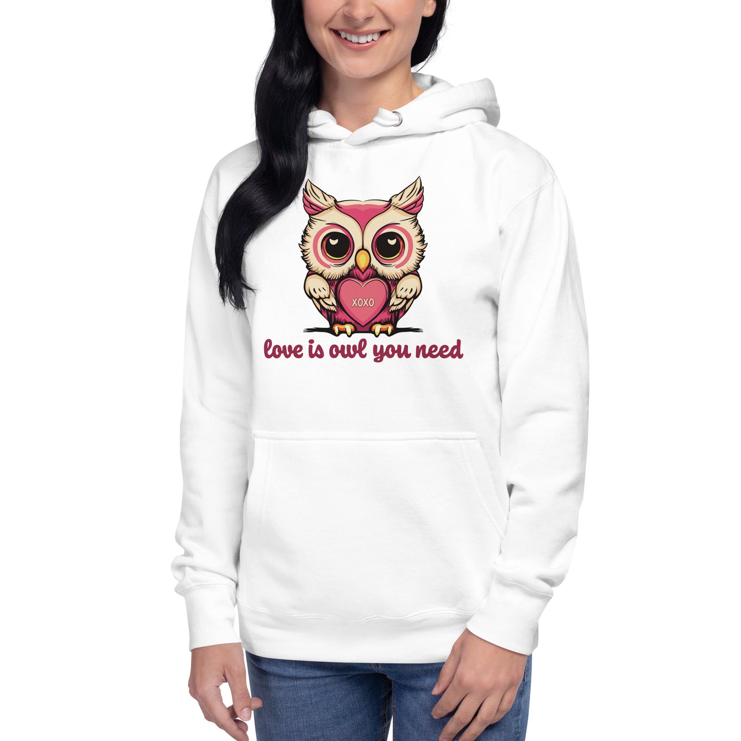 Women's Valentine's Day Hoodie, Love is Owl You Need Cute Owl Graphic Premium Hooded Sweatshirt for Ladies