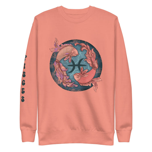 Pisces Women's Sweatshirt - Zodiac Sign Birthday Gift for Her - Celestial Ladies Long Sleeve Premium Sweatshirt - 2 Fish Swimming Distressed Vintage Graphic Design