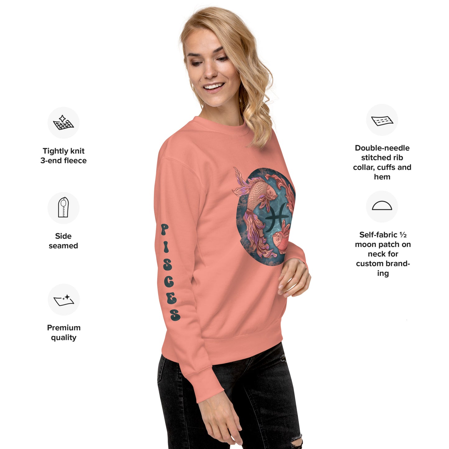 Pisces Women's Sweatshirt - Zodiac Sign Birthday Gift for Her - Celestial Ladies Long Sleeve Premium Sweatshirt - 2 Fish Swimming Distressed Vintage Graphic Design