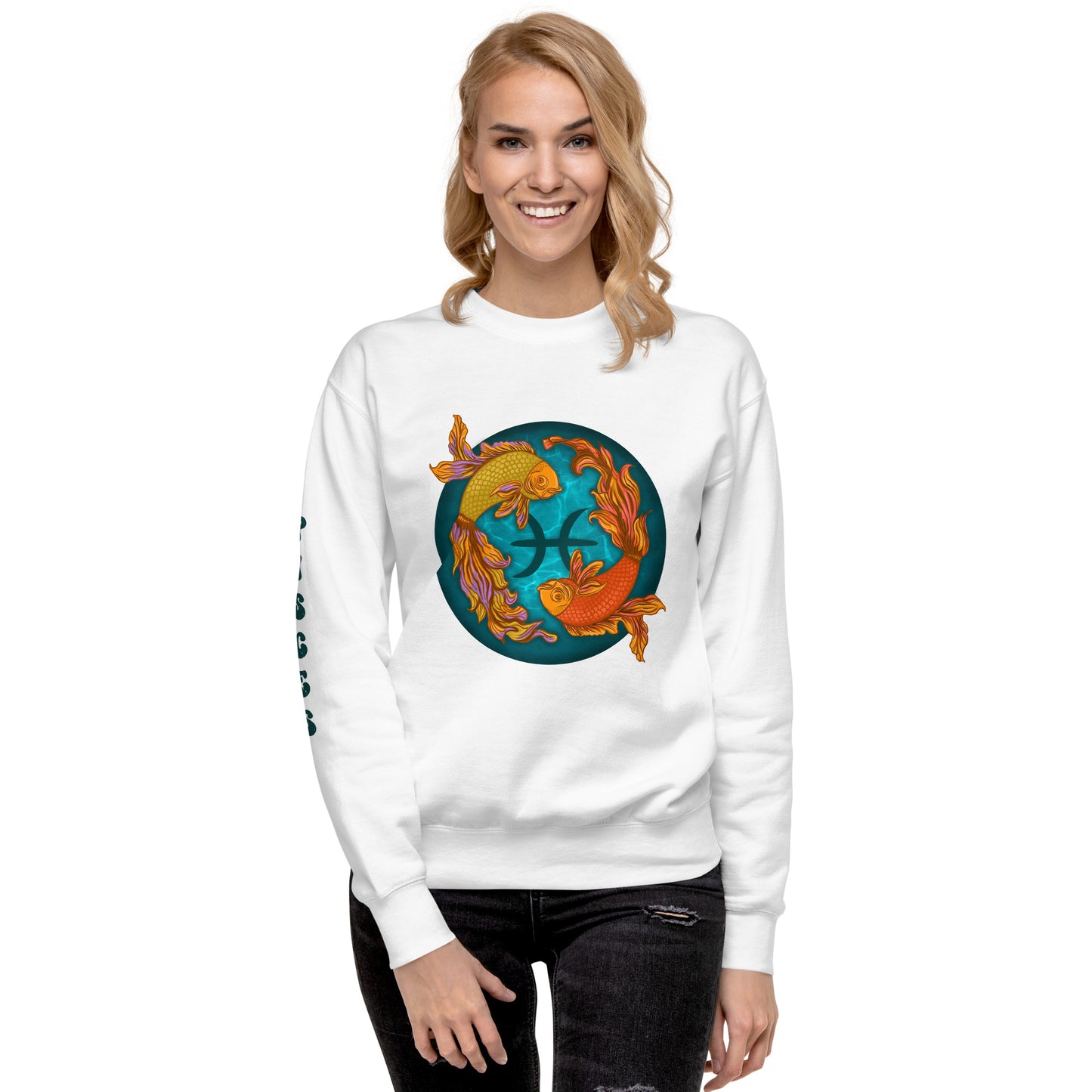 Pisces Women's Sweatshirt - Zodiac Sign Birthday Gift for Her - 2 Swimming Fish - Celestial Astrology Gift for Ladies Long Sleeve Premium Sweatshirt