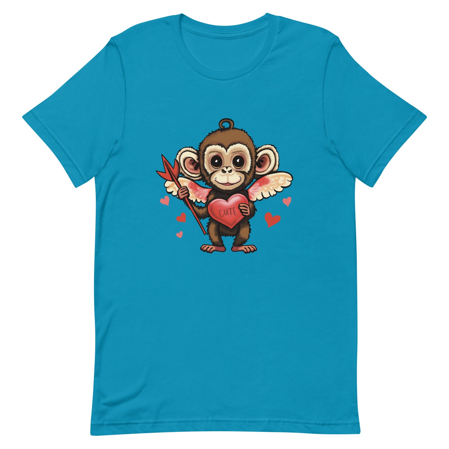 Women's Valentine's Day T Shirt - Cupid Monkey Cute Tee for Ladies - Casual Women's Clothing - Short Sleeve Shirt with Hearts and Animal Illustration Graphic