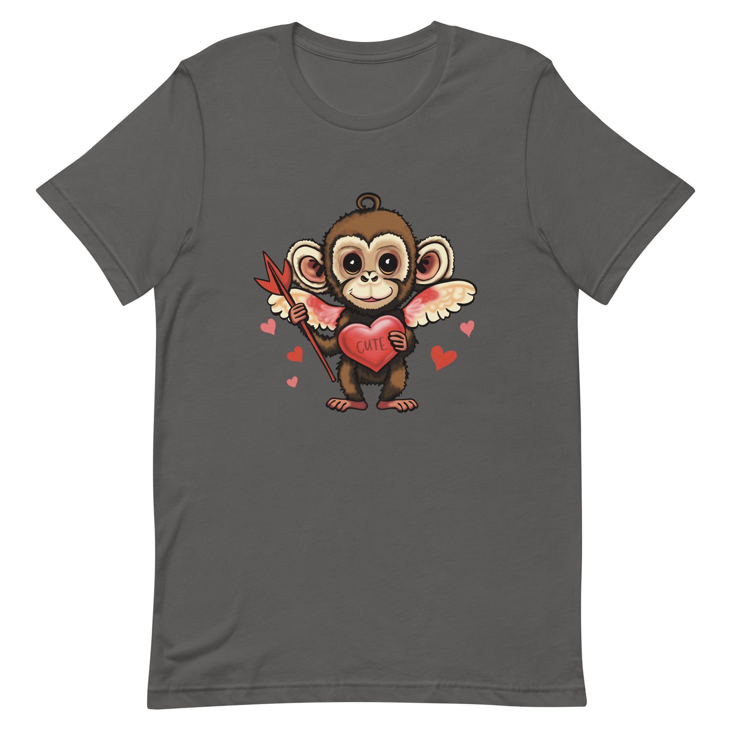 Women's Valentine's Day T Shirt - Cupid Monkey Cute Tee for Ladies - Casual Women's Clothing - Short Sleeve Shirt with Hearts and Animal Illustration Graphic