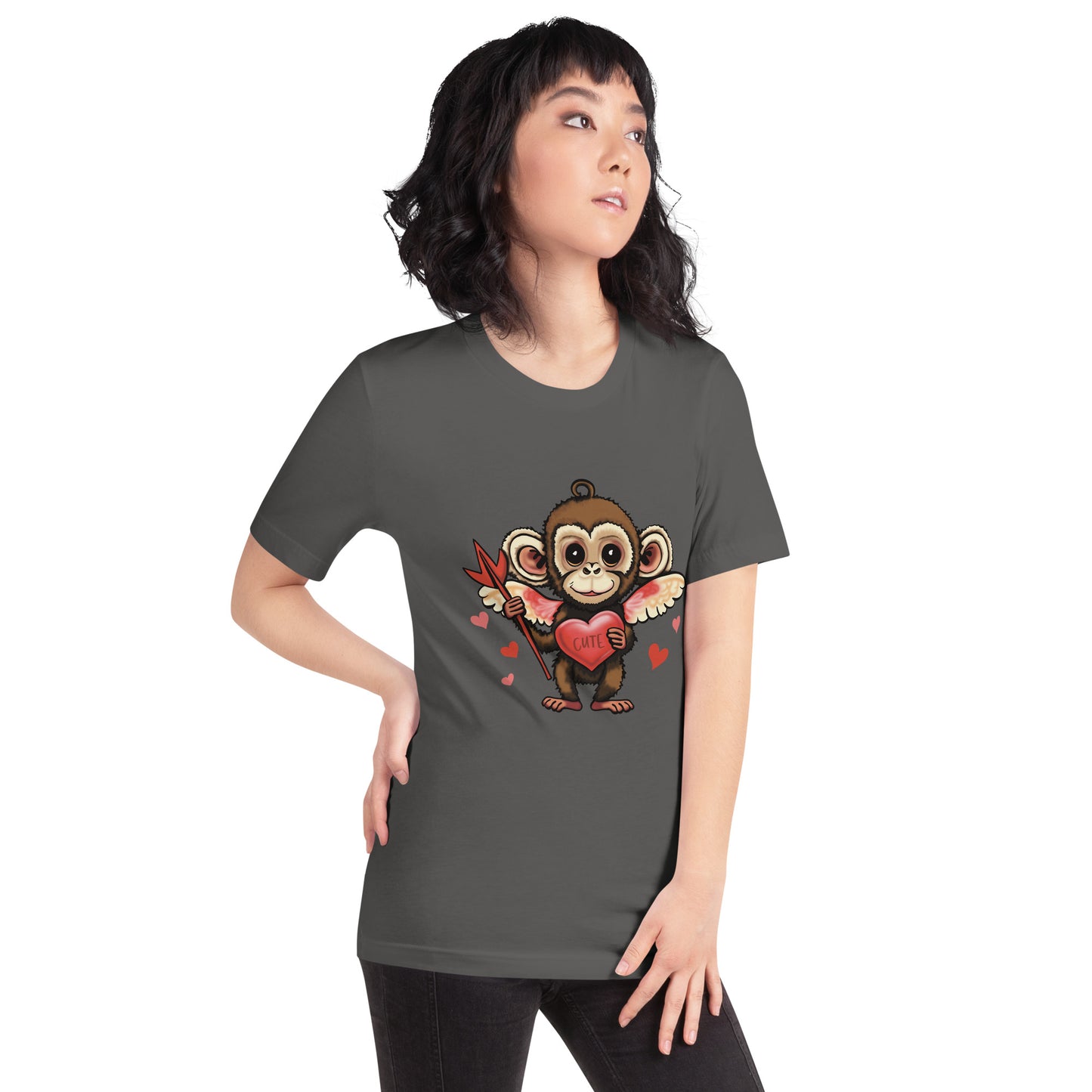 Women's Valentine's Day T Shirt - Cupid Monkey Cute Tee for Ladies - Casual Women's Clothing - Short Sleeve Shirt with Hearts and Animal Illustration Graphic