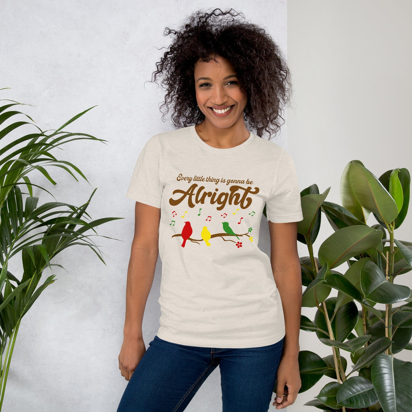 Women's Tee - Every Little Thing Is Gonna Be Alright T-Shirt  - Three Birds Singing Design - Ladies Hippie Boho Retro Short Sleeve Top