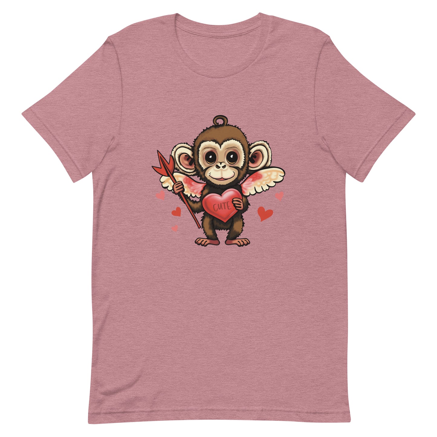 Women's Valentine's Day T Shirt - Cupid Monkey Cute Tee for Ladies - Casual Women's Clothing - Short Sleeve Shirt with Hearts and Animal Illustration Graphic