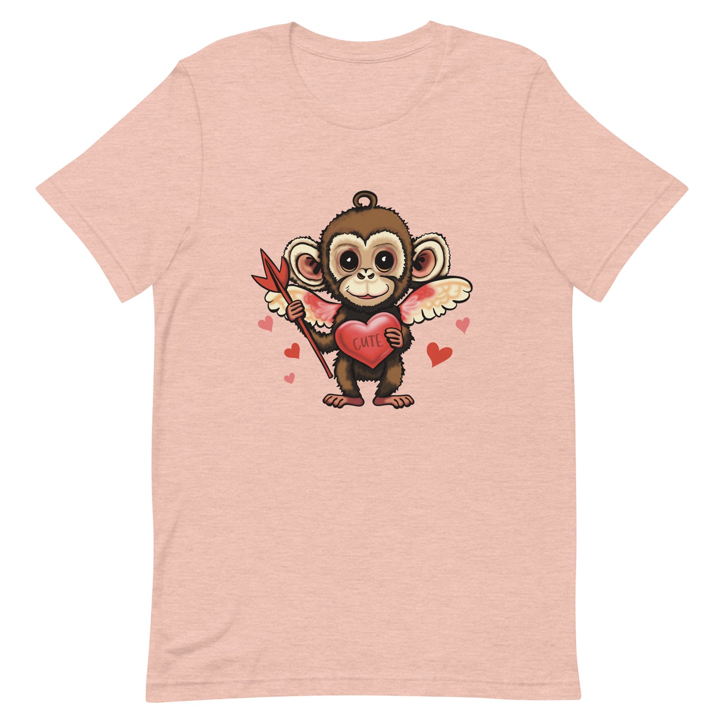 Women's Valentine's Day T Shirt - Cupid Monkey Cute Tee for Ladies - Casual Women's Clothing - Short Sleeve Shirt with Hearts and Animal Illustration Graphic