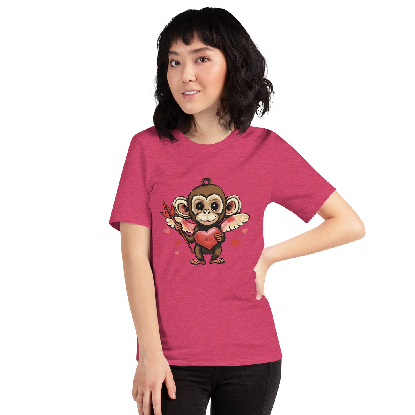 Women's Valentine's Day T Shirt - Cupid Monkey Cute Tee for Ladies - Casual Women's Clothing - Short Sleeve Shirt with Hearts and Animal Illustration Graphic