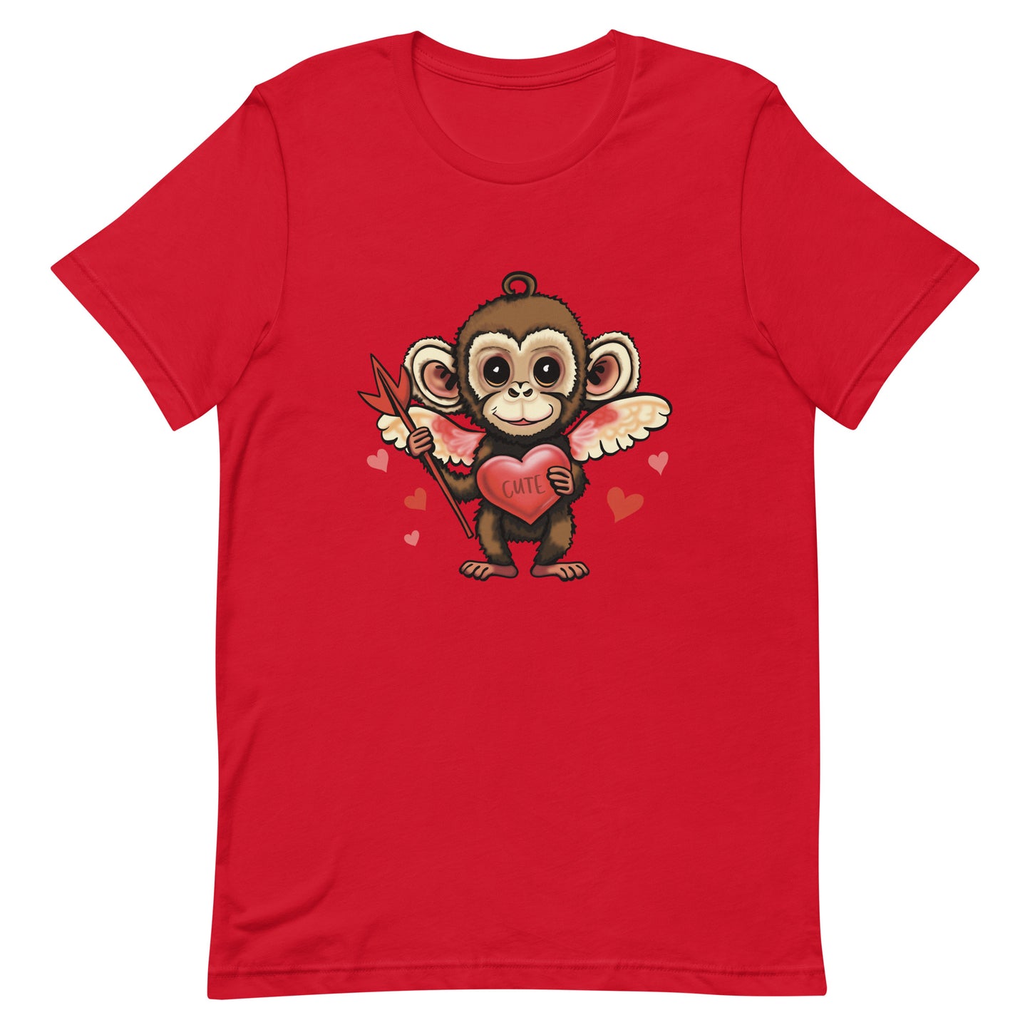 Women's Valentine's Day T Shirt - Cupid Monkey Cute Tee for Ladies - Casual Women's Clothing - Short Sleeve Shirt with Hearts and Animal Illustration Graphic