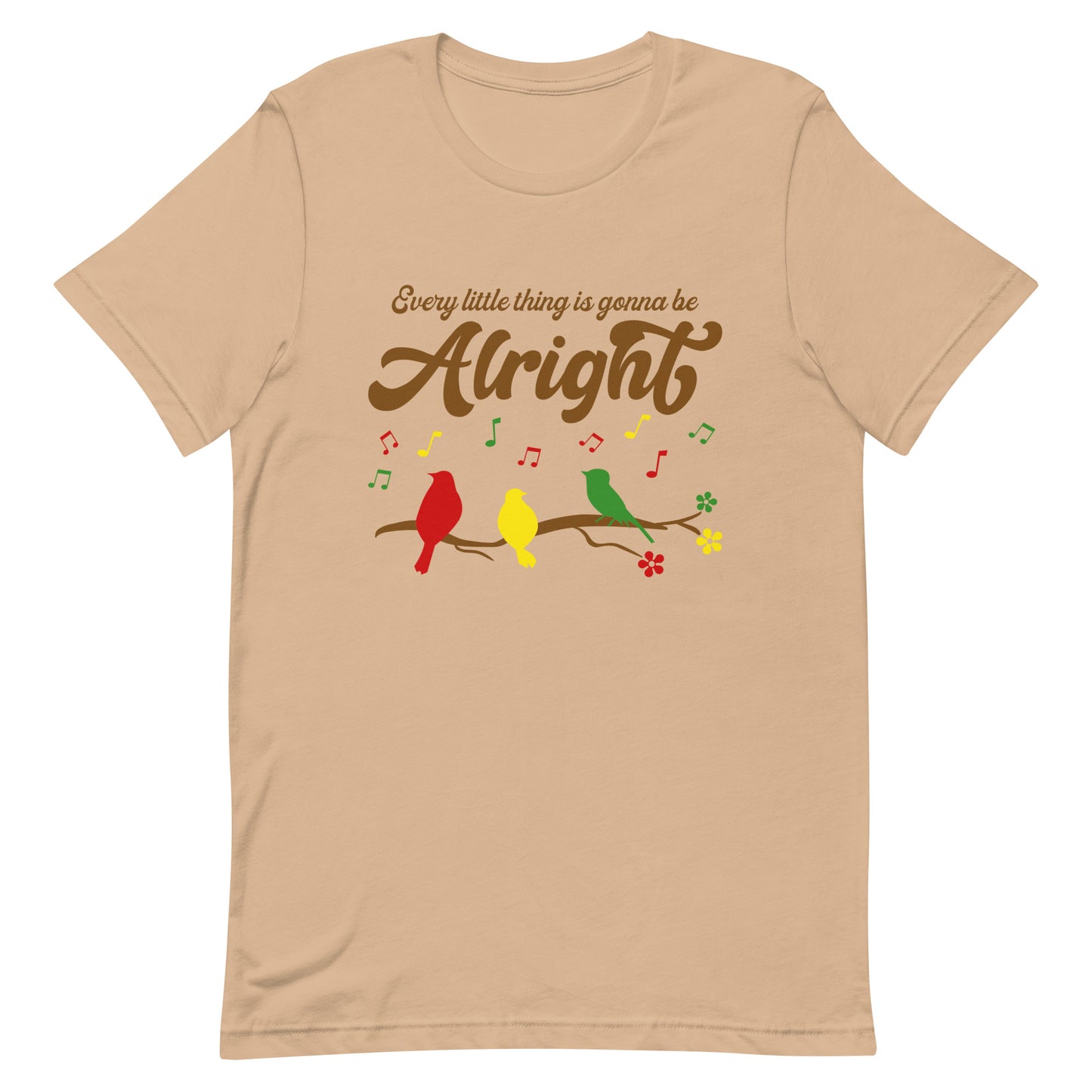 Women's Tee - Every Little Thing Is Gonna Be Alright T-Shirt  - Three Birds Singing Design - Ladies Hippie Boho Retro Short Sleeve Top