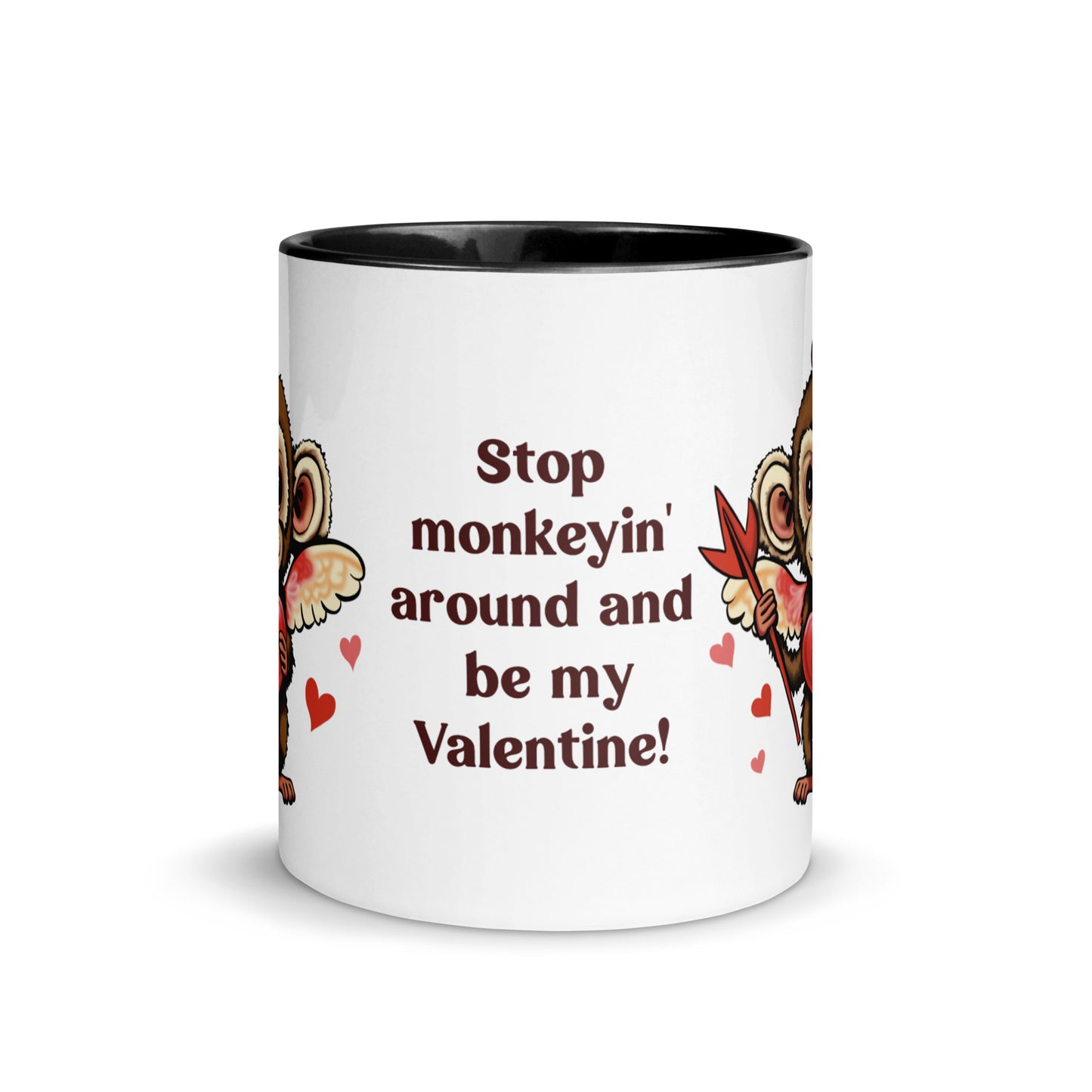 Valentine's Day Coffee Mug with Color Inside - Stop Monkeyin' Around Coffee Cup - Be Mine Hot Cocoa Mug - Animal with Quote 11 oz. Drinkware - Hearts XOXO Gift for Her - Cute Funny Silly Design