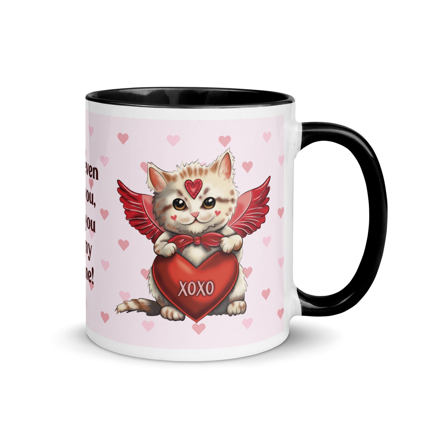 Valentine's Day Coffee Mug with Color Inside - Cupid Kitten Coffee Cup Cute Funny Design - Cat with Quote 11 oz. Drinkware Be Mine XOXO