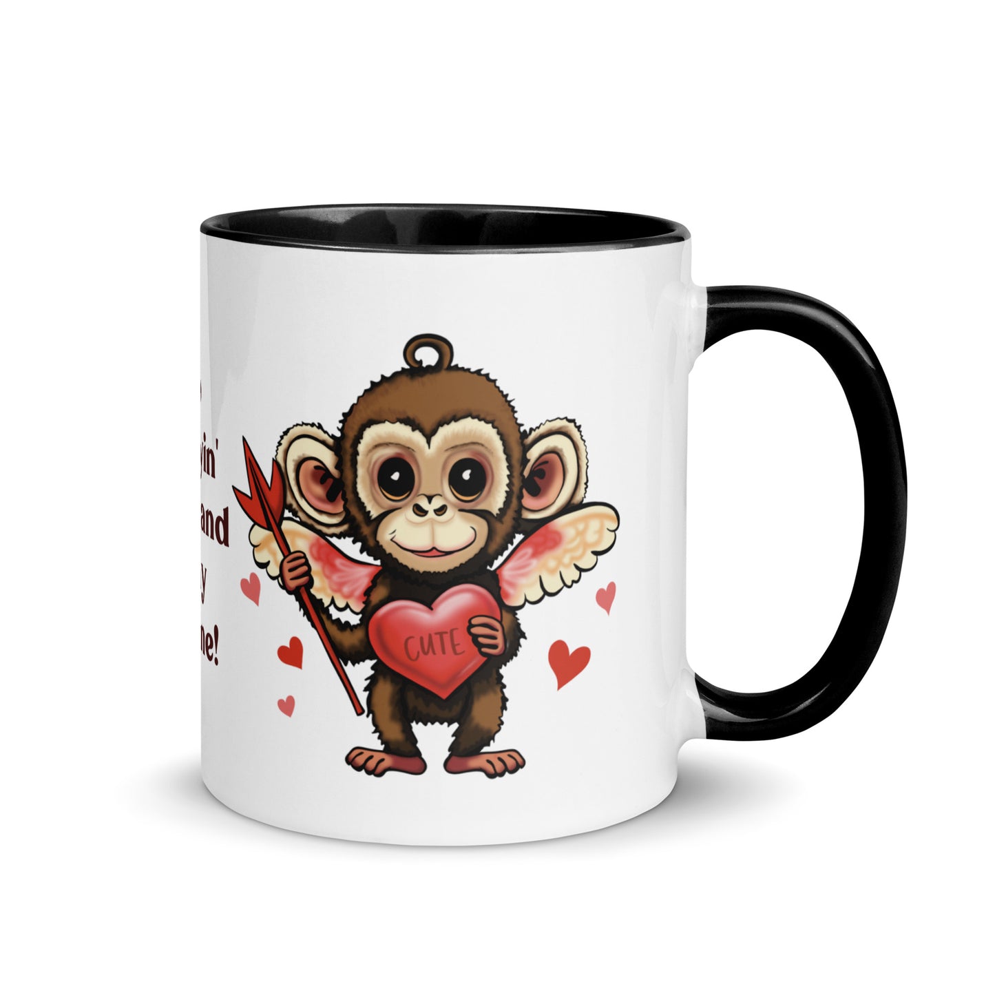 Valentine's Day Coffee Mug with Color Inside - Stop Monkeyin' Around Coffee Cup - Be Mine Hot Cocoa Mug - Animal with Quote 11 oz. Drinkware - Hearts XOXO Gift for Her - Cute Funny Silly Design