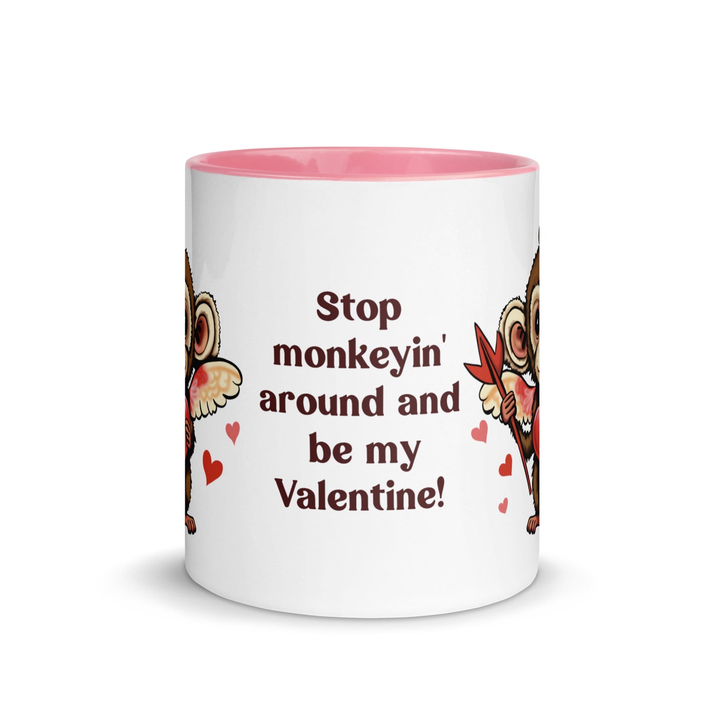 Valentine's Day Coffee Mug with Color Inside - Stop Monkeyin' Around Coffee Cup - Be Mine Hot Cocoa Mug - Animal with Quote 11 oz. Drinkware - Hearts XOXO Gift for Her - Cute Funny Silly Design