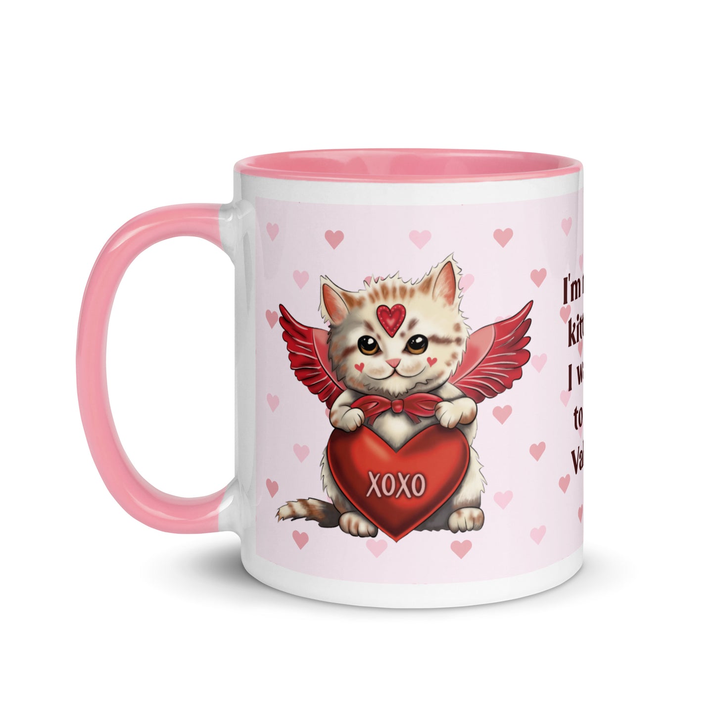 Valentine's Day Coffee Mug with Color Inside - Cupid Kitten Coffee Cup Cute Funny Design - Cat with Quote 11 oz. Drinkware Be Mine XOXO