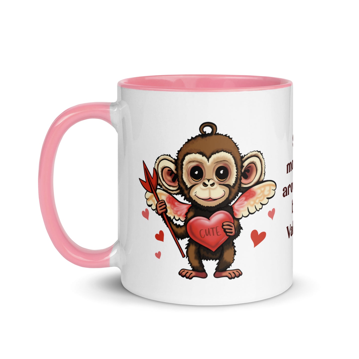 Valentine's Day Coffee Mug with Color Inside - Stop Monkeyin' Around Coffee Cup - Be Mine Hot Cocoa Mug - Animal with Quote 11 oz. Drinkware - Hearts XOXO Gift for Her - Cute Funny Silly Design