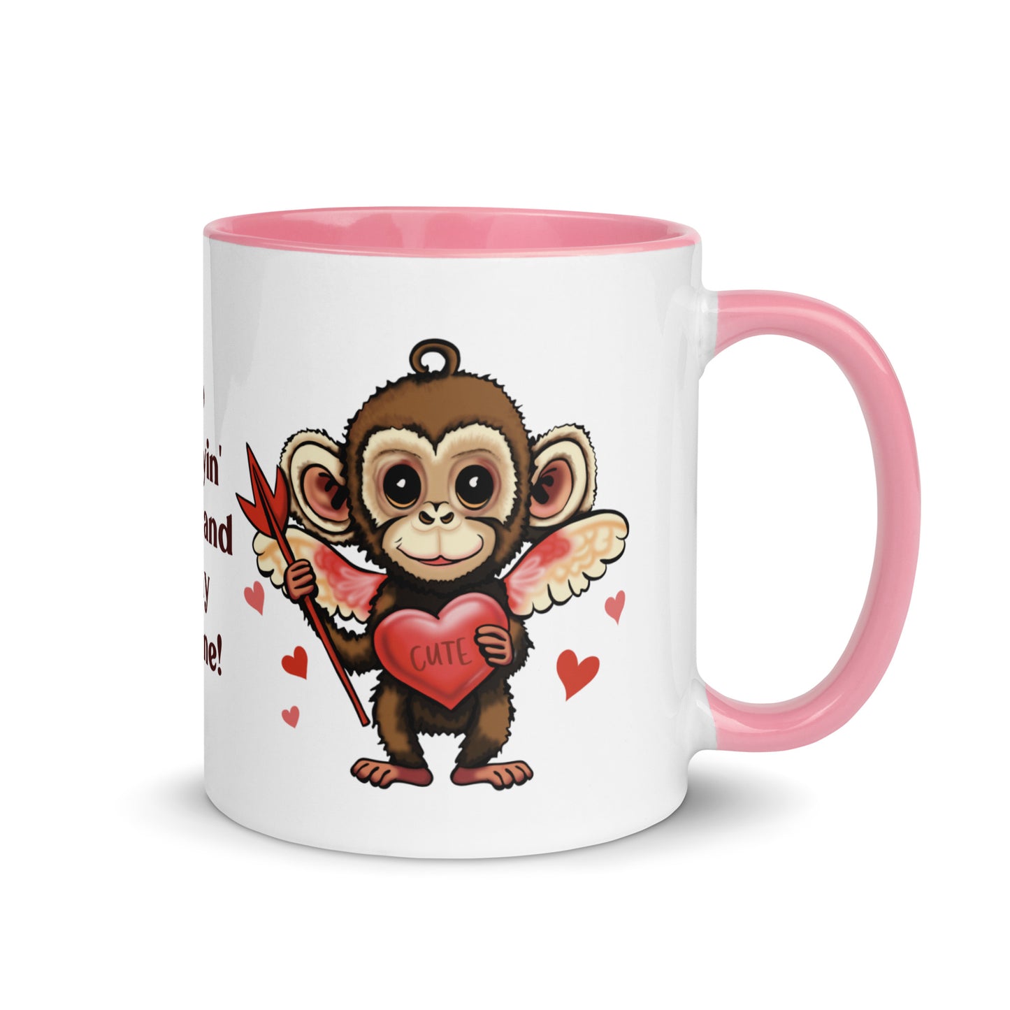 Valentine's Day Coffee Mug with Color Inside - Stop Monkeyin' Around Coffee Cup - Be Mine Hot Cocoa Mug - Animal with Quote 11 oz. Drinkware - Hearts XOXO Gift for Her - Cute Funny Silly Design