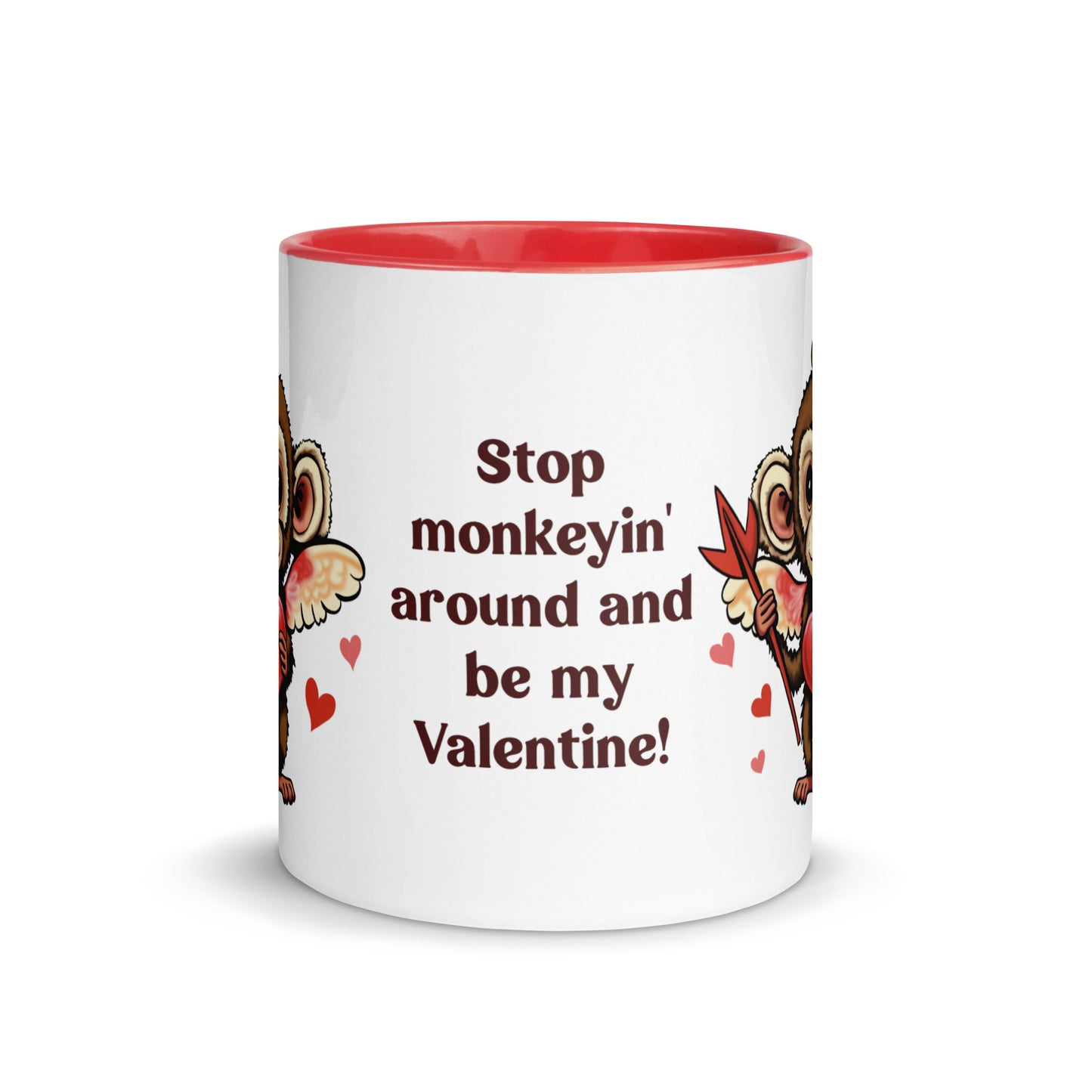 Valentine's Day Coffee Mug with Color Inside - Stop Monkeyin' Around Coffee Cup - Be Mine Hot Cocoa Mug - Animal with Quote 11 oz. Drinkware - Hearts XOXO Gift for Her - Cute Funny Silly Design